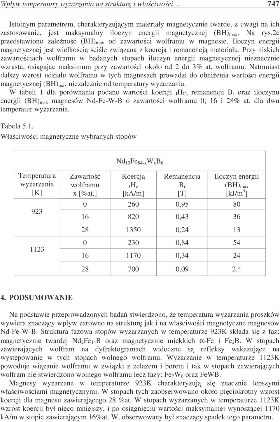 Przy niskich zawartociach wolframu w badanych stopach iloczyn energii magnetycznej nieznacznie wzrasta, osigajc maksimum przy zawartoci około od 2 do 3% at. wolframu. Natomiast dalszy wzrost udziału wolframu w tych magnesach prowadzi do obnienia wartoci energii magnetycznej (BH) max niezalenie od temperatury wyarzania.