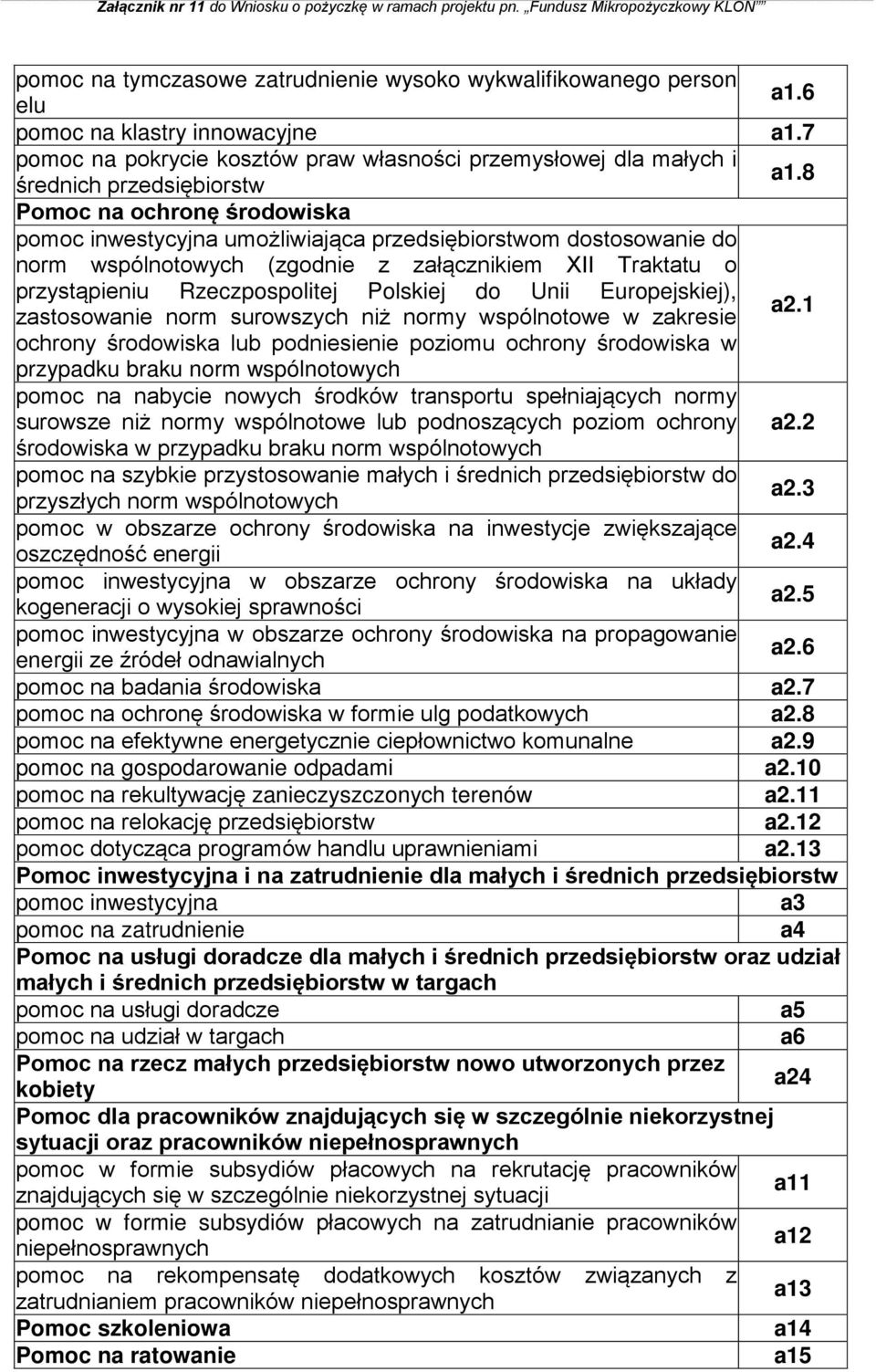 8 Pomoc na ochronę środowiska pomoc inwestycyjna umożliwiająca przedsiębiorstwom dostosowanie do norm wspólnotowych (zgodnie z załącznikiem XII Traktatu o przystąpieniu Rzeczpospolitej Polskiej do