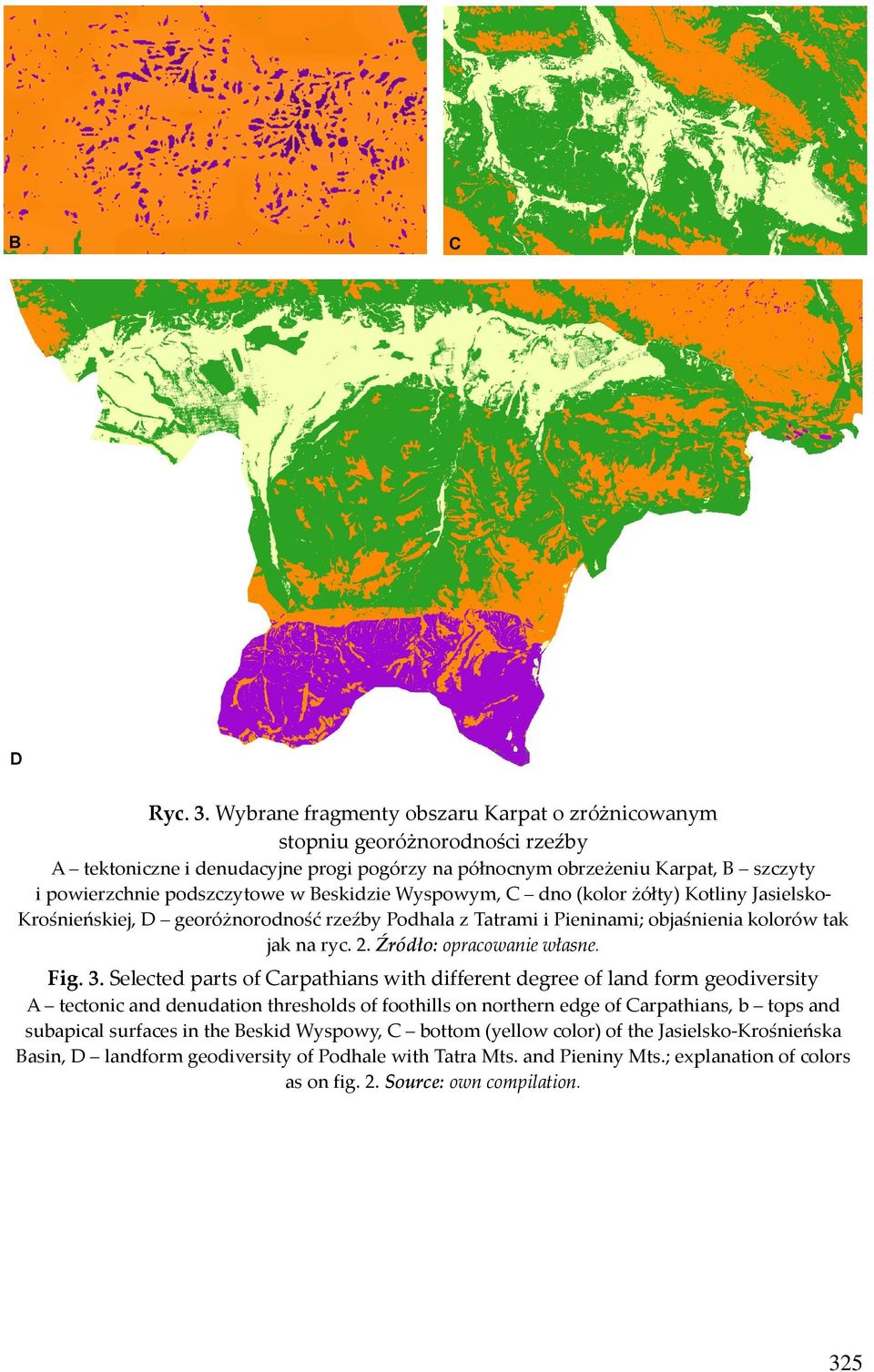 Beskidzie Wyspowym, C dno (kolor żółty) Kotliny Jasielsko- Krośnieńskiej, D georóżnorodność rzeźby Podhala z Tatrami i Pieninami; objaśnienia kolorów tak jak na ryc. 2. Źródło: opracowanie własne.