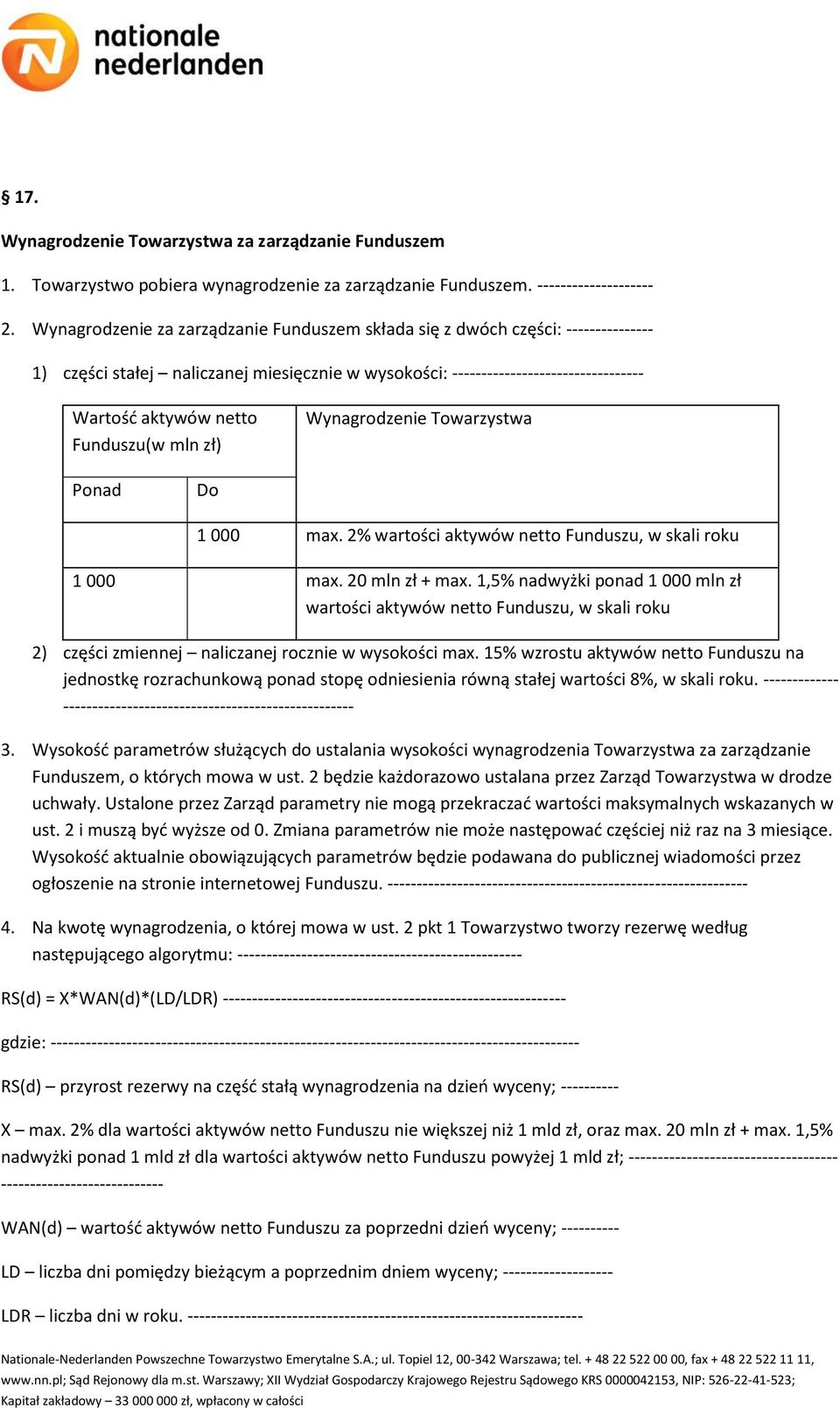 Funduszu(w mln zł) Wynagrodzenie Towarzystwa Ponad Do 1 000 max. 2% wartości aktywów netto Funduszu, w skali roku 1 000 max. 20 mln zł + max.