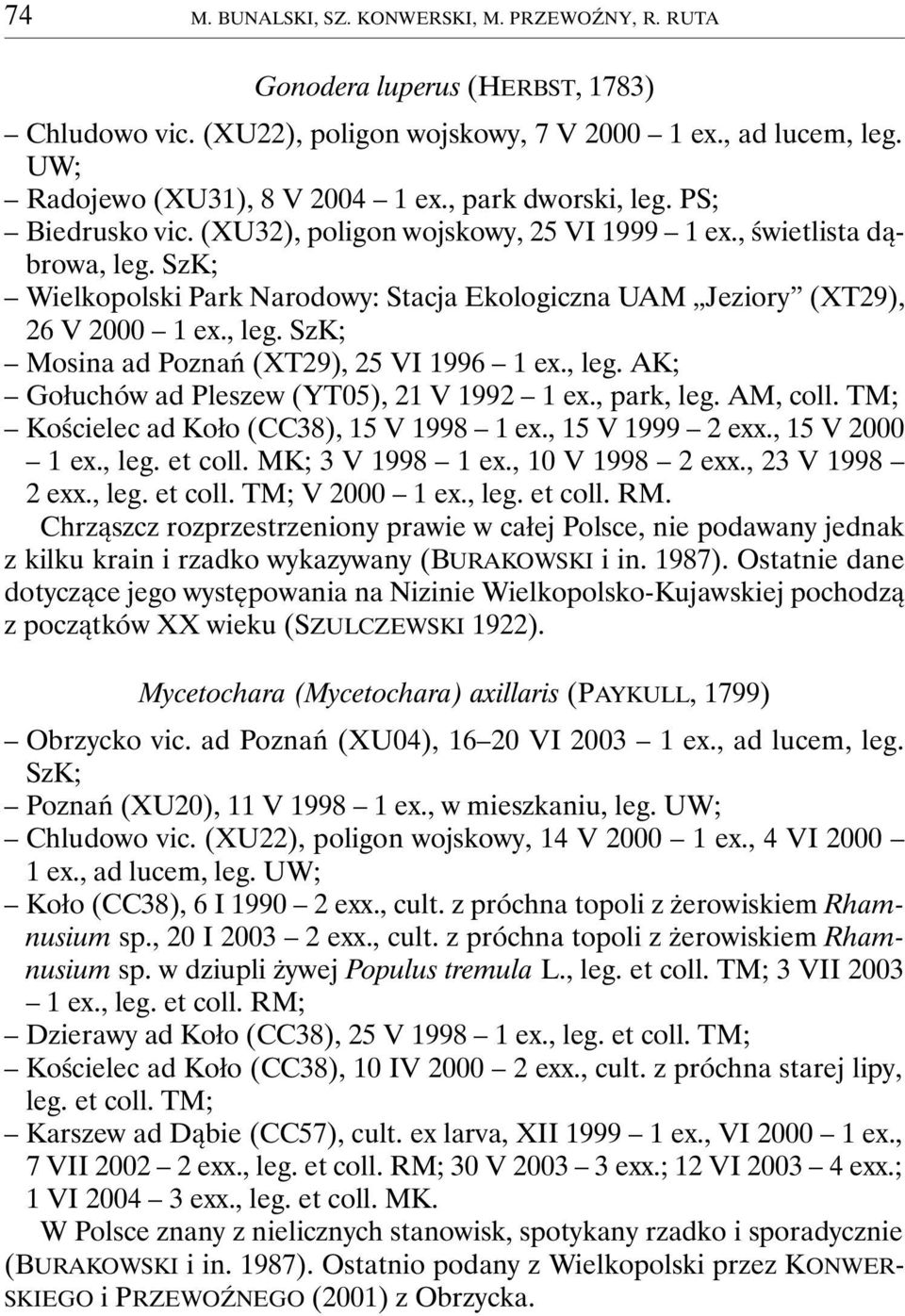 , leg. SzK; Mosina ad Poznań (XT29), 25 VI 1996 1 ex., leg. AK; Gołuchów ad Pleszew (YT05), 21 V 1992 1 ex., park, leg. AM, coll. TM; Kościelec ad Koło (CC38), 15 V 1998 1 ex., 15 V 1999 2 exx.