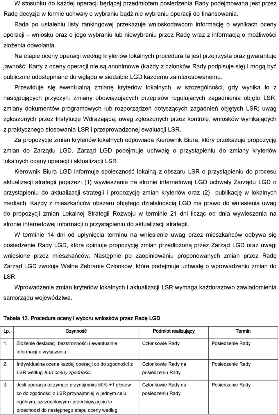 odwołania. Na etapie oceny operacji według kryteriów lokalnych procedura ta jest przejrzysta oraz gwarantuje jawność.