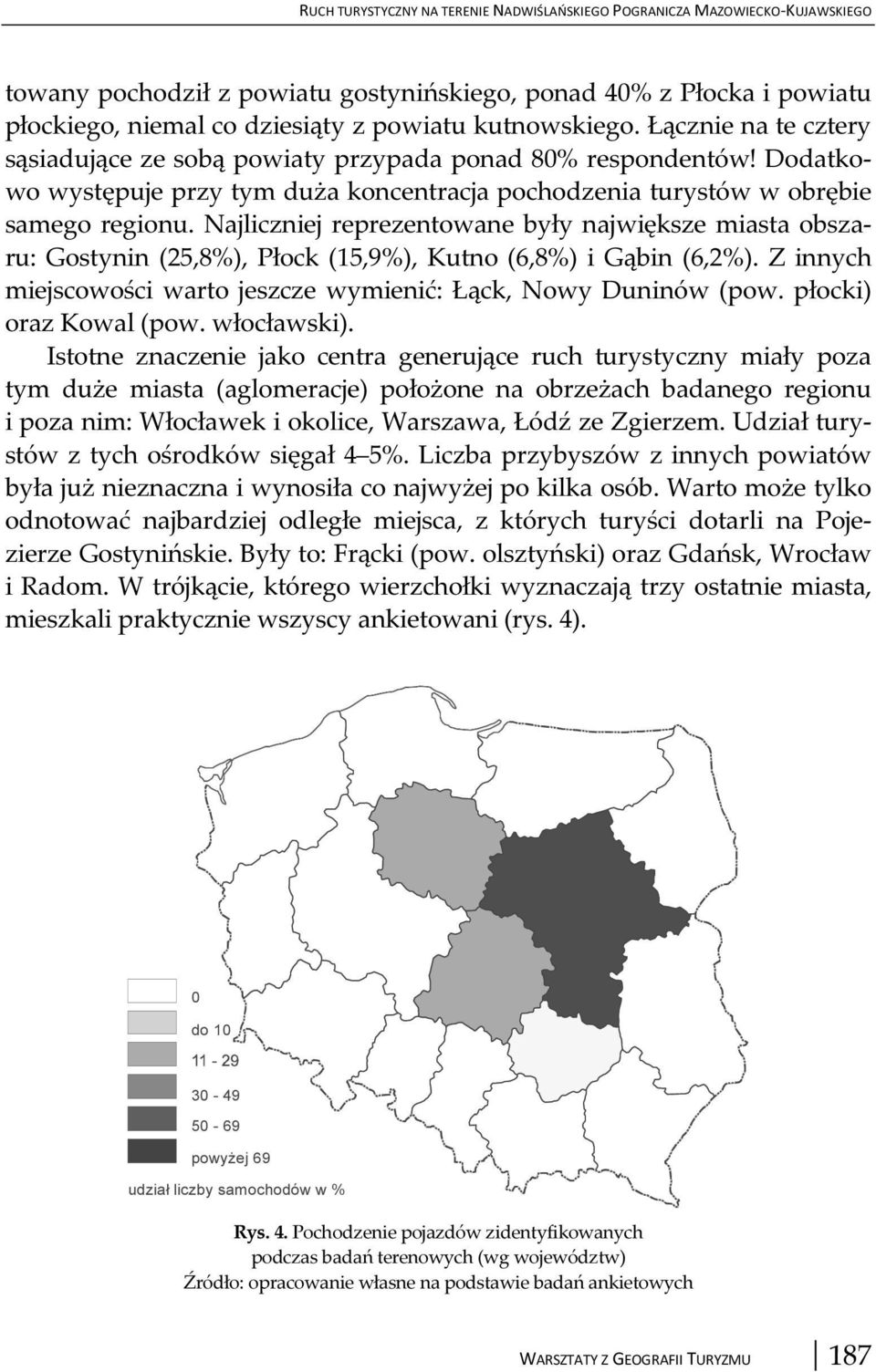 Najliczniej reprezentowane były największe miasta obszaru: Gostynin (25,8%), Płock (15,9%), Kutno (6,8%) i Gąbin (6,2%). Z innych miejscowości warto jeszcze wymienić: Łąck, Nowy Duninów (pow.