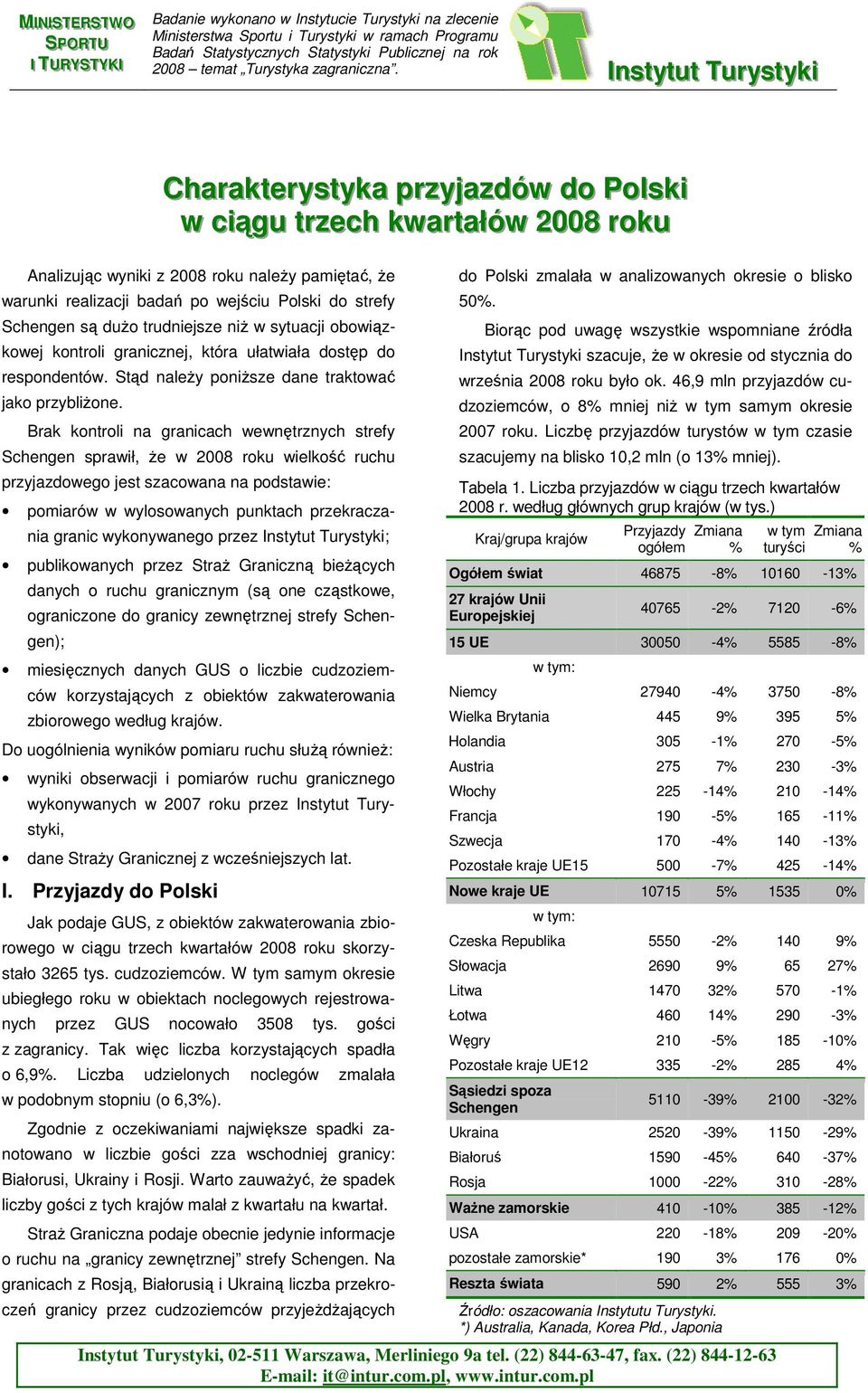 IInsttyttutt Turrysttykii Charaktterysttyka przyjjazdów do Pollskii w ciiągu ttrzech kwarttałłów 28 roku Analizując wyniki z 28 roku naleŝy pamiętać, Ŝe warunki realizacji badań po wejściu Polski do