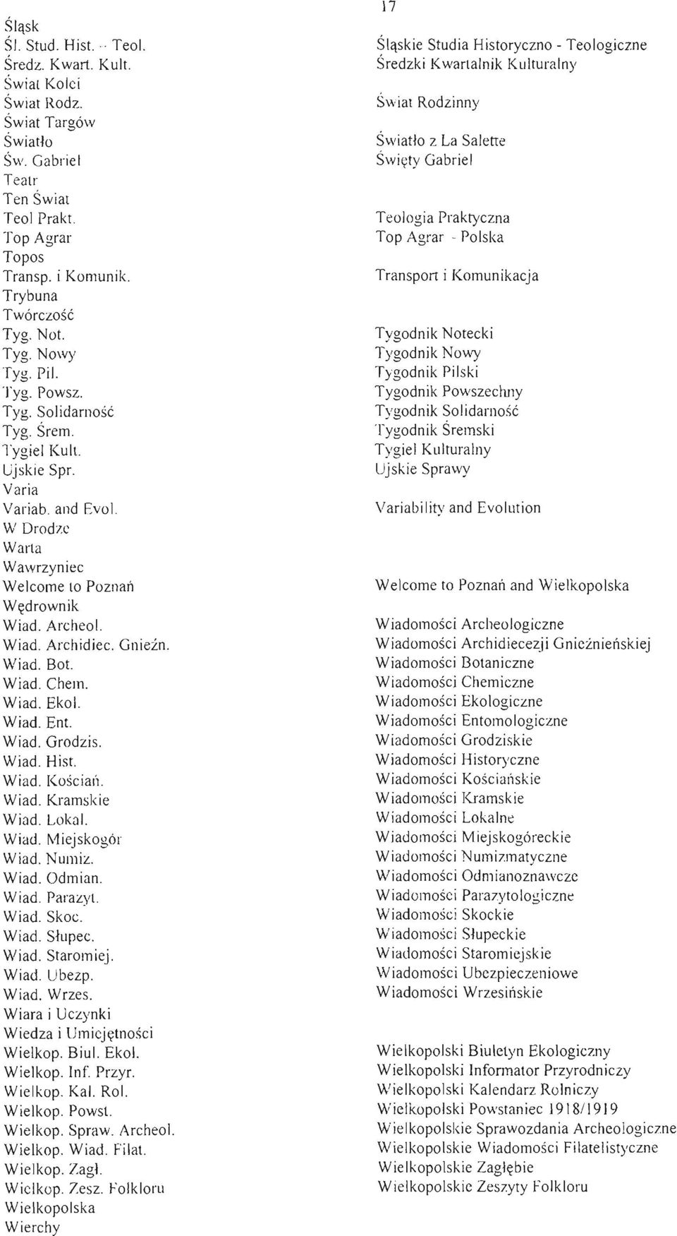 Gnieźn. Wiad. Bot. Wiad. Chem. Wiad. Ekol. Wiad. Ent. Wiad. Grodzis. Wiad. Hist. Wiad. Kościał). Wiad. Kramskie Wiad. Lokal. Wiad. Miejskogór. Wiad. NUllliz. Wiad. Odmian. Wiad. Parazyt. Wiad. Skoc.