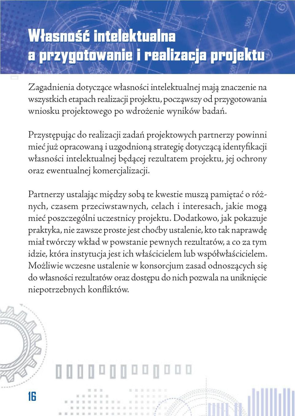 Przystępując do realizacji zadań projektowych partnerzy powinni mieć już opracowaną i uzgodnioną strategię dotyczącą identyfikacji własności intelektualnej będącej rezultatem projektu, jej ochrony