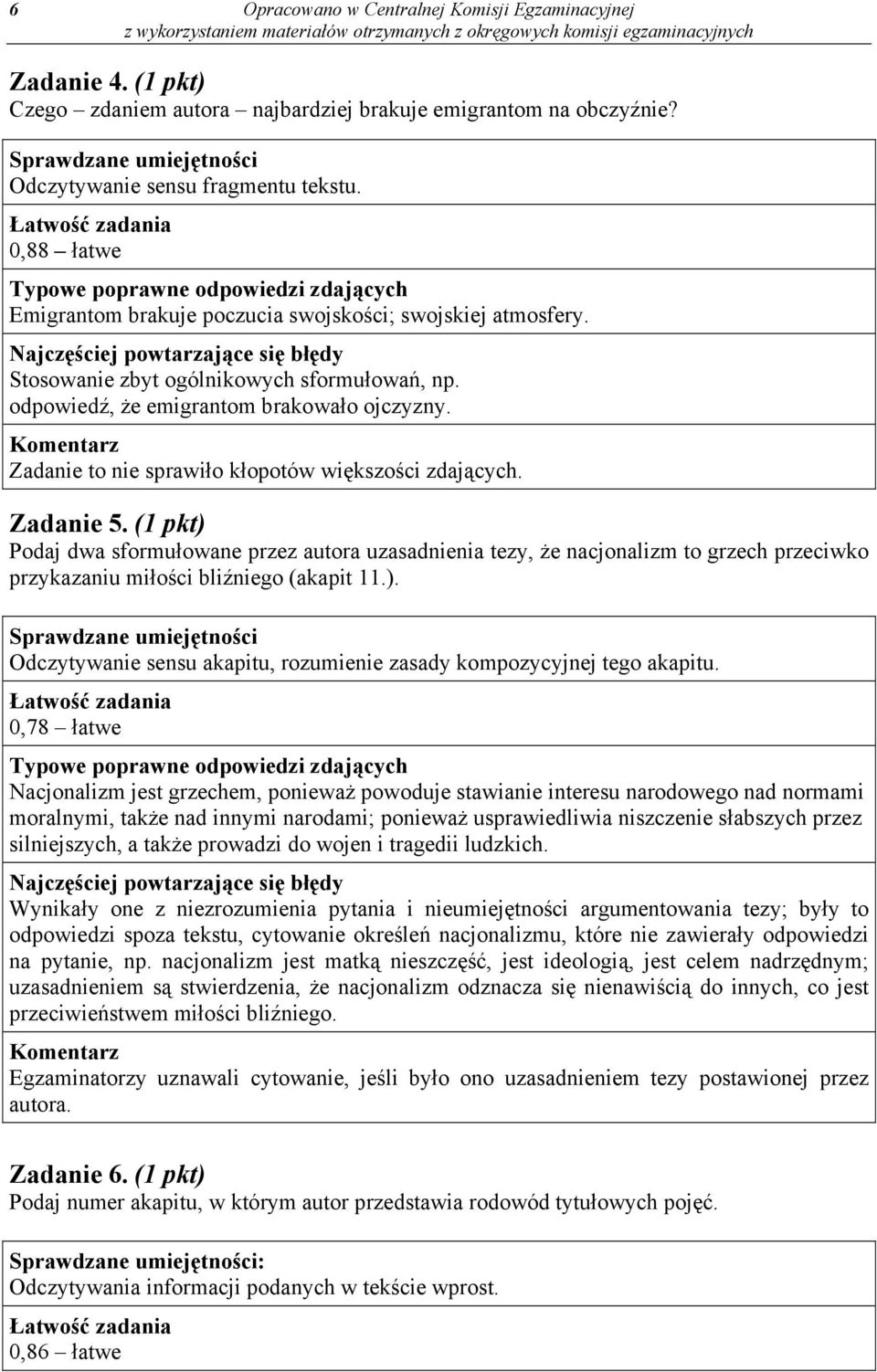Najczęściej powtarzające się błędy Stosowanie zbyt ogólnikowych sformułowań, np. odpowiedź, że emigrantom brakowało ojczyzny. Komentarz Zadanie to nie sprawiło kłopotów większości zdających.