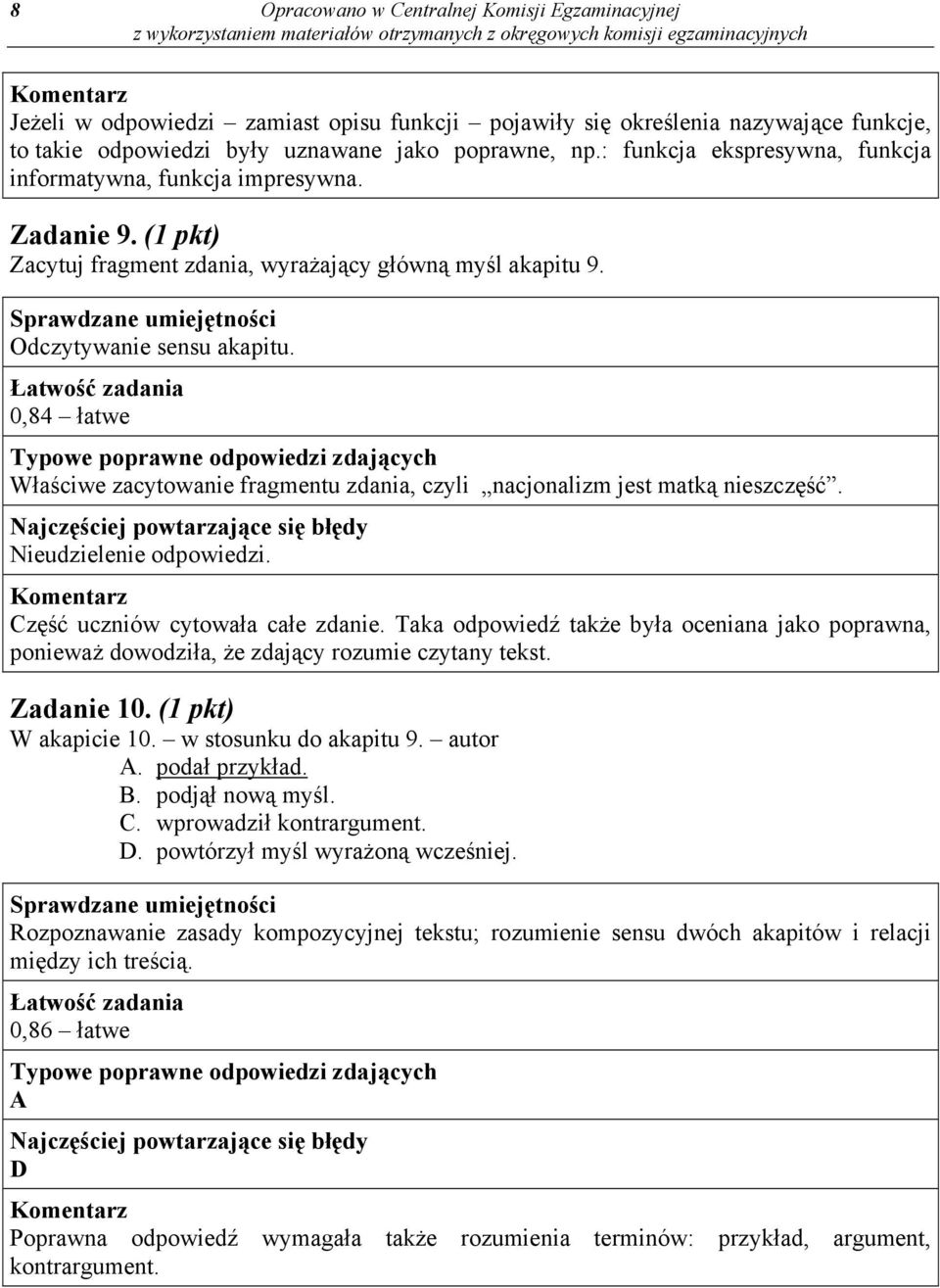 Łatwość zadania 0,84 łatwe Typowe poprawne odpowiedzi zdających Właściwe zacytowanie fragmentu zdania, czyli nacjonalizm jest matką nieszczęść.