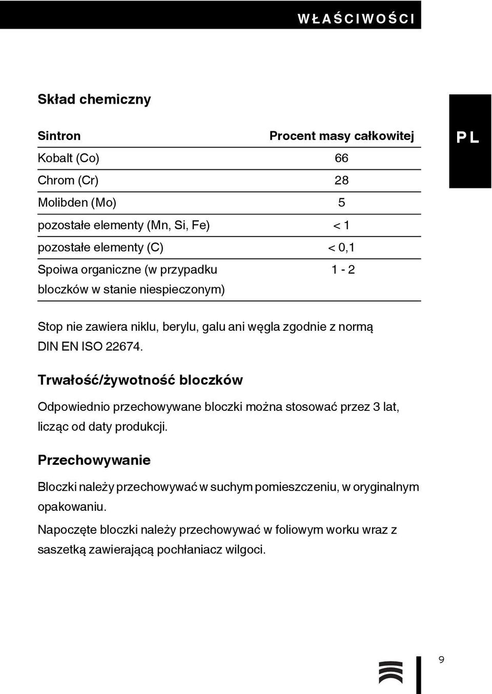 ISO 22674. Trwałość/żywotność bloczków Odpowiednio przechowywane bloczki można stosować przez 3 lat, licząc od daty produkcji.