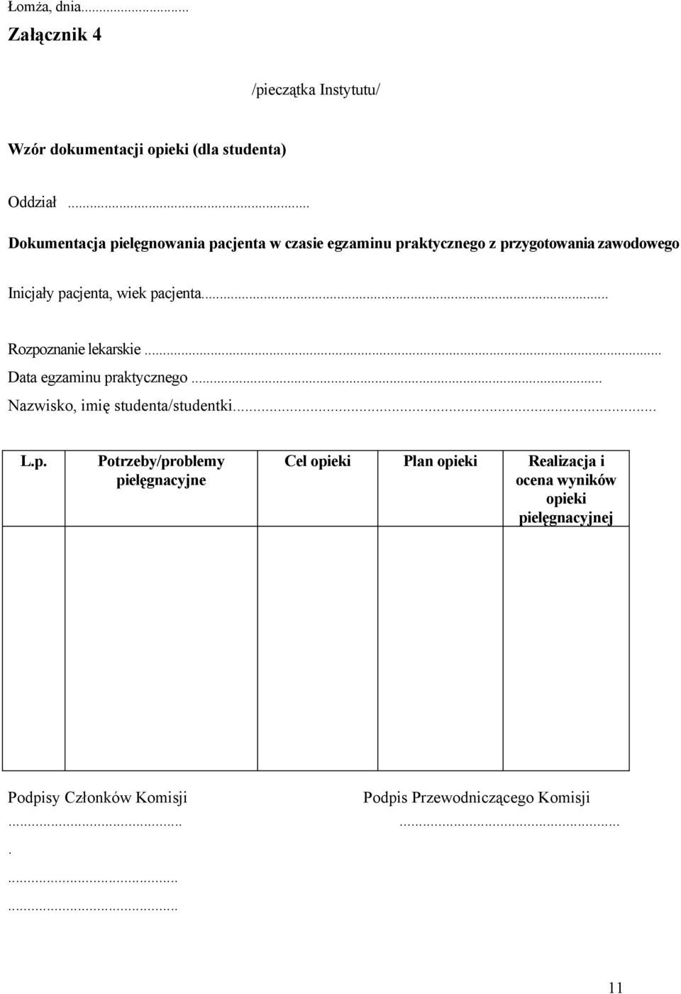 pacjenta... Rozpoznanie lekarskie... Data egzaminu praktycznego... Nazwisko, imię studenta/studentki... L.p.