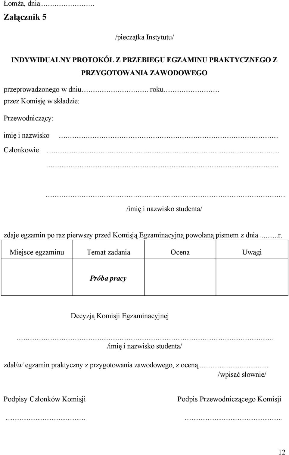 ........ /imię i nazwisko studenta/ zdaje egzamin po raz pierwszy przed Komisją Egzaminacyjną powołaną pismem z dnia...r. Miejsce egzaminu Temat zadania Ocena Uwagi Próba pracy Decyzją Komisji Egzaminacyjnej.