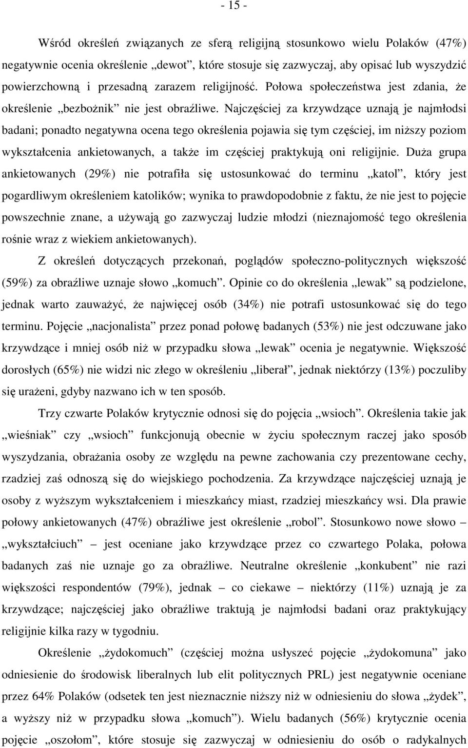 Najczęściej za krzywdzące uznają je najmłodsi badani; ponadto negatywna ocena tego określenia pojawia się tym częściej, im niższy poziom wykształcenia ankietowanych, a także im częściej praktykują