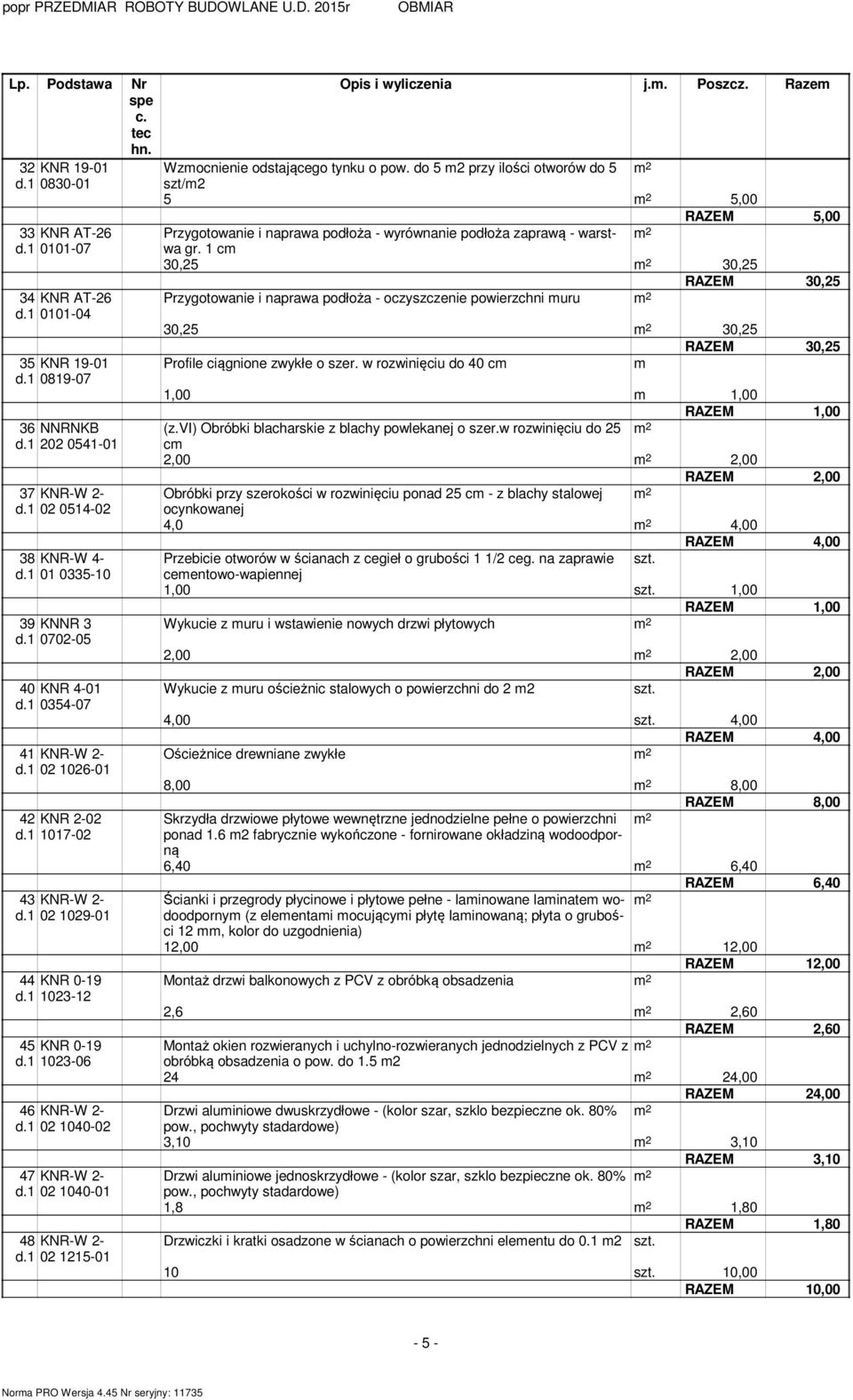 1 02 1040-02 47 KNR-W 2- d.1 02 1040-01 48 KNR-W 2- d.1 02 1215-01 Opis i wyliczenia j.. Poszcz. Raze Wzocnienie odstającego tynku o pow.