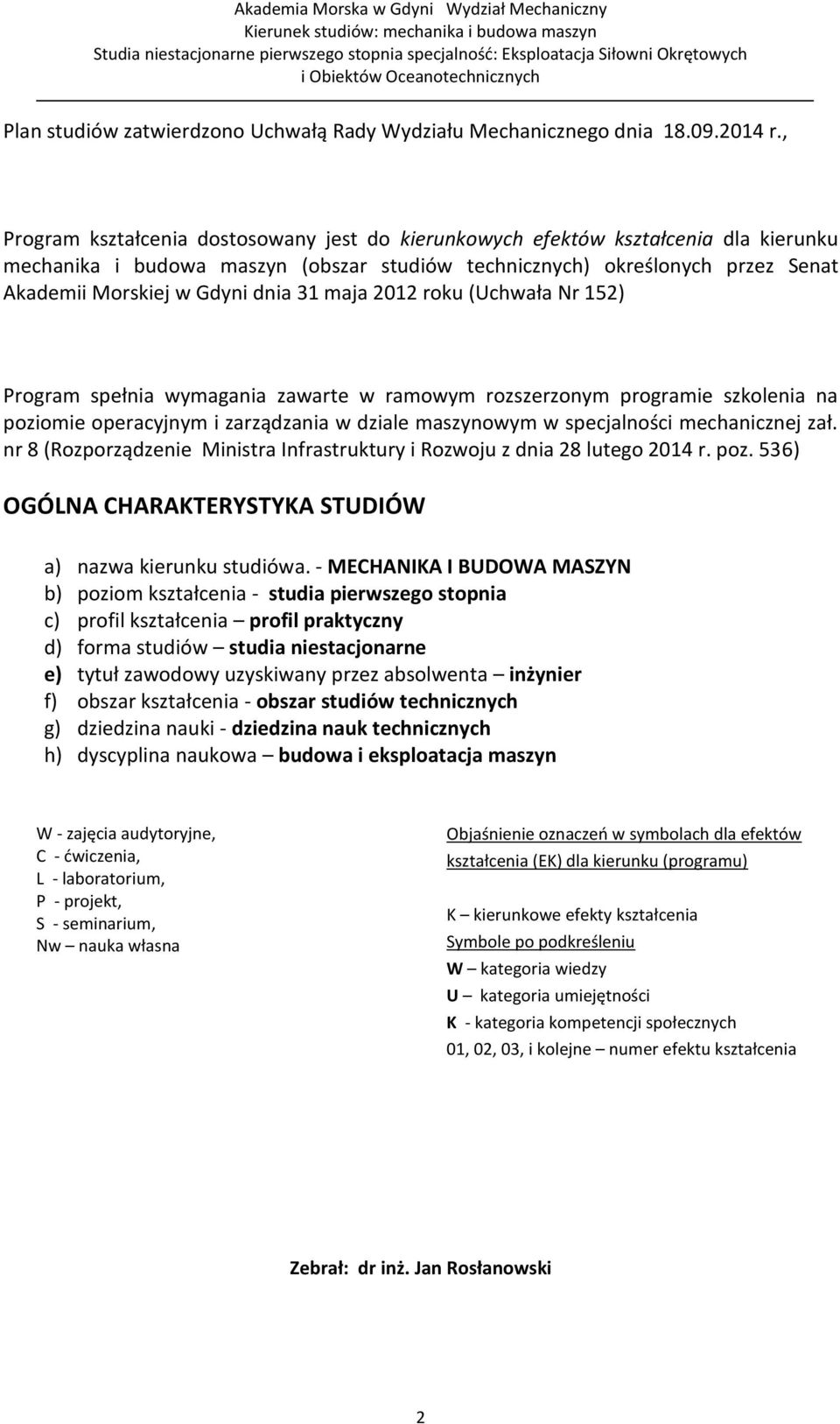 31 maja 2012 roku (Uchwała Nr 152) Program spełnia wymagania zawarte w ramowym rozszerzonym programie szkolenia na poziomie operacyjnym i zarządzania w dziale maszynowym w specjalności mechanicznej