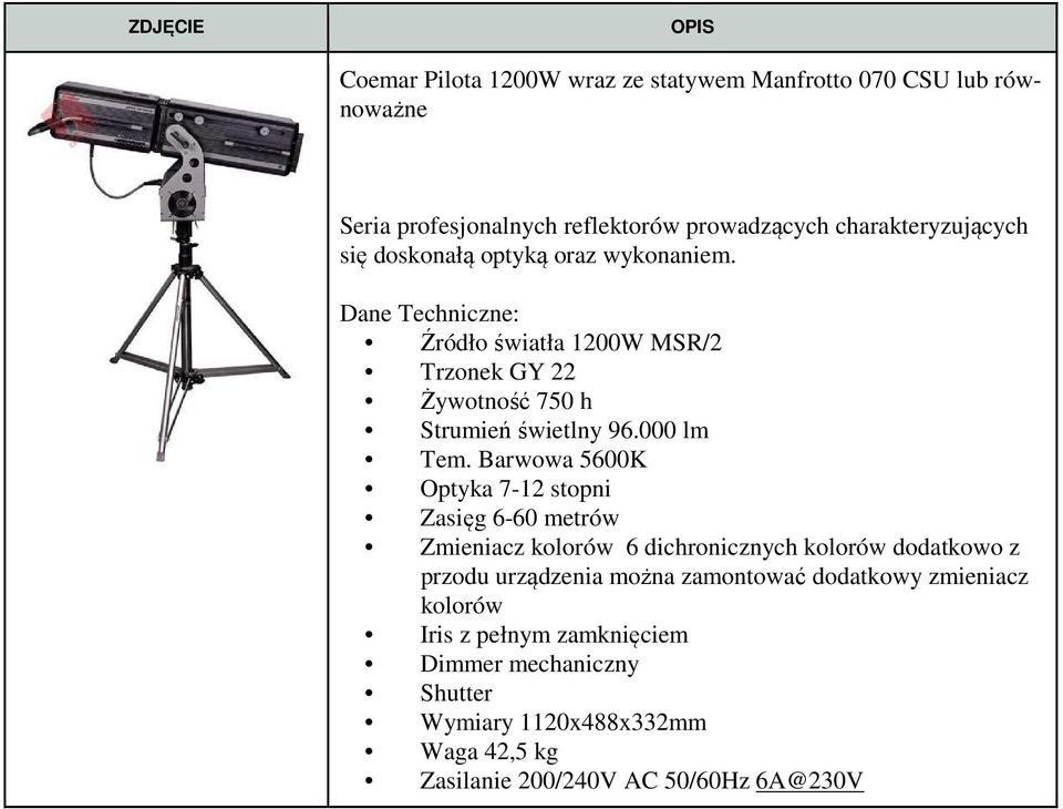 Barwowa 5600K Optyka 7-12 stopni Zasięg 6-60 metrów Zmieniacz kolorów 6 dichronicznych kolorów dodatkowo z przodu urządzenia można zamontować