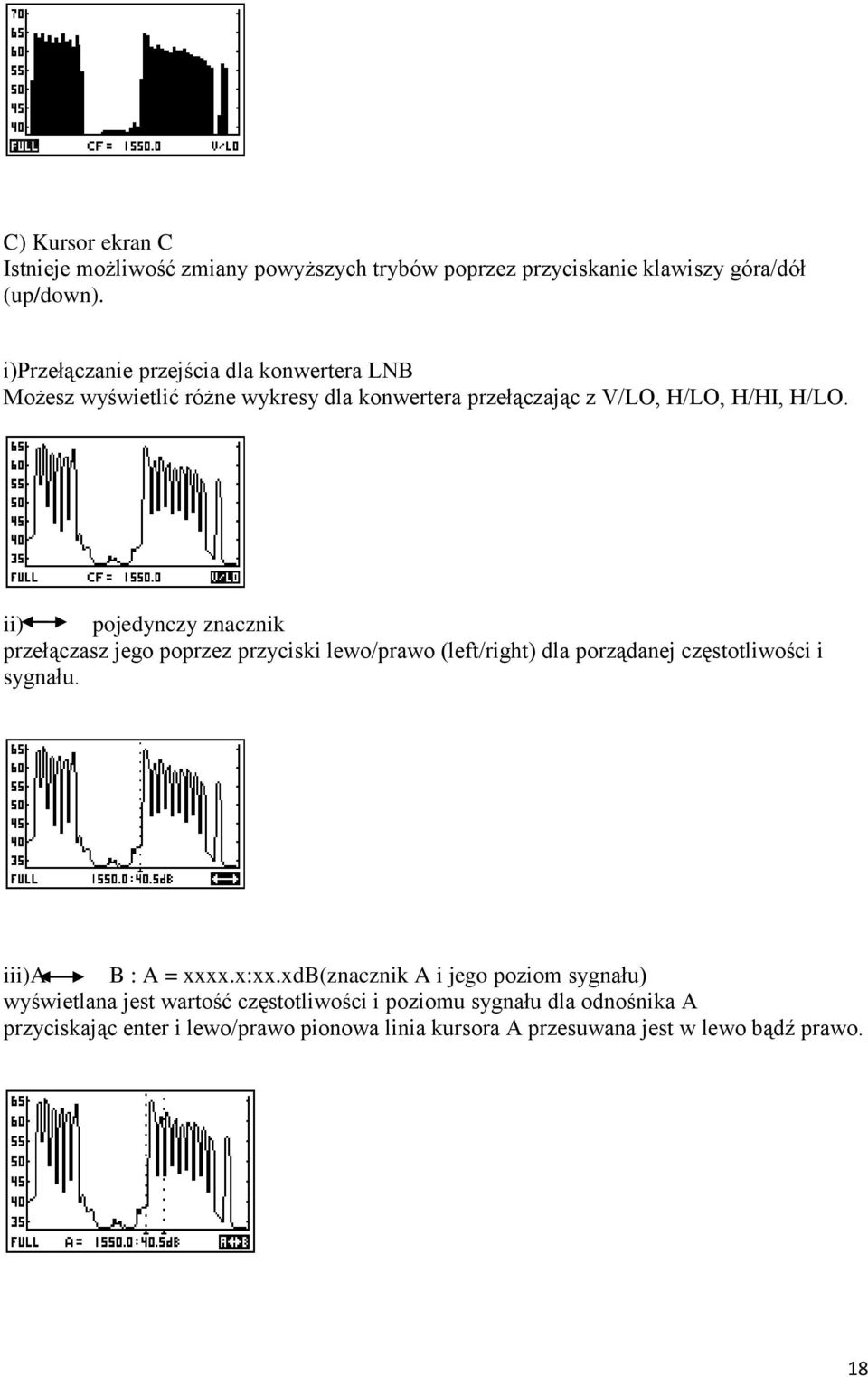 ii) pojedynczy znacznik przełączasz jego poprzez przyciski lewo/prawo (left/right) dla porządanej częstotliwości i sygnału. iii)a B : A = xxxx.x:xx.