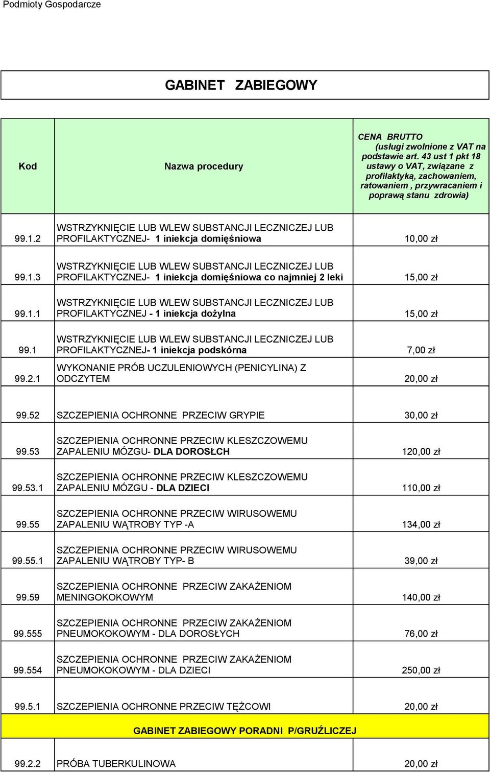 1.1 PROFILAKTYCZNEJ - 1 iniekcja dożylna 15,00 zł WSTRZYKNIĘCIE LUB WLEW SUBSTANCJI LECZNICZEJ LUB 99.1 PROFILAKTYCZNEJ- 1 iniekcja podskórna 7,00 zł WYKONANIE PRÓB UCZULENIOWYCH (PENICYLINA) Z 99.2.