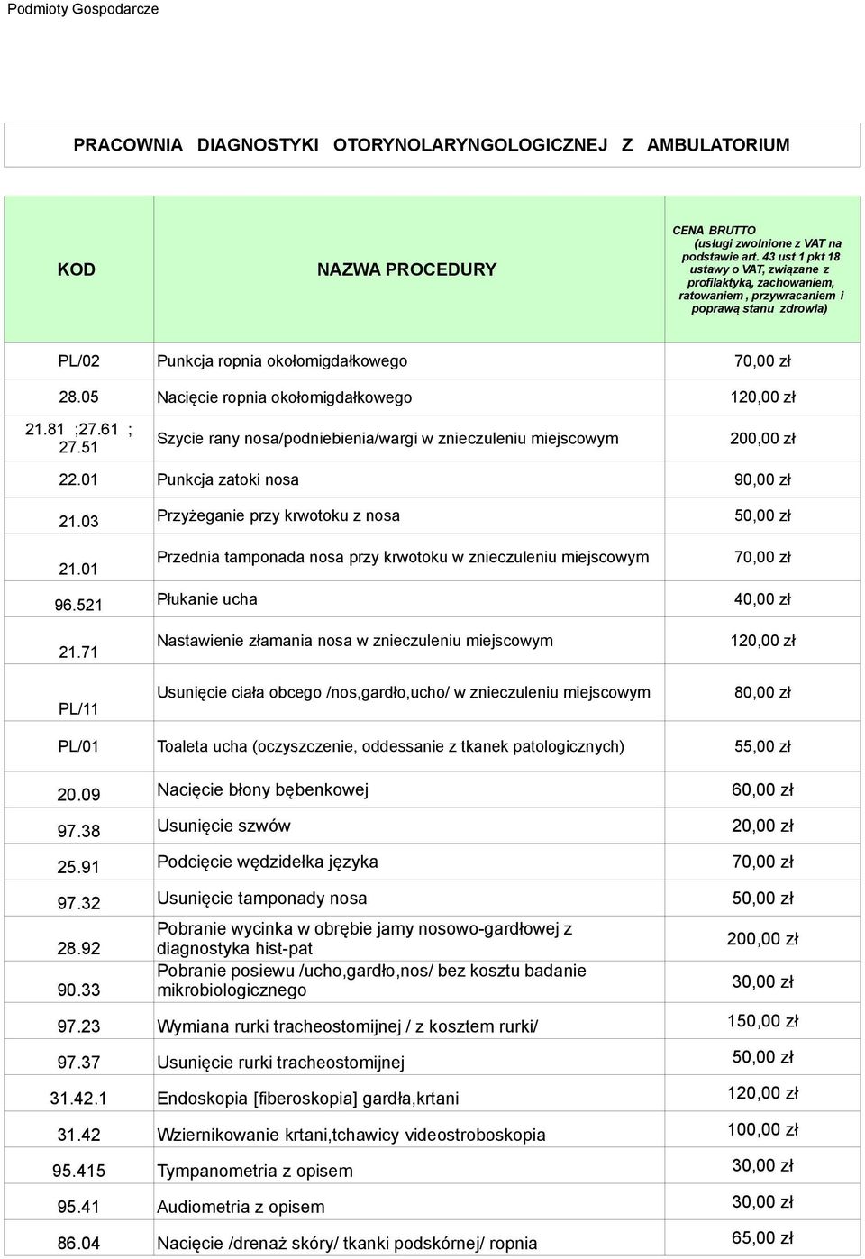 01 Przednia tamponada nosa przy krwotoku w znieczuleniu miejscowym 70,00 zł 96.521 Płukanie ucha 40,00 zł 21.