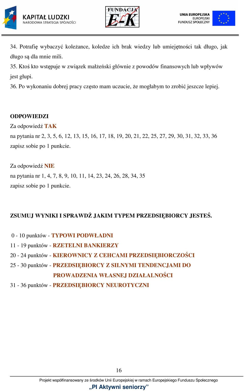 ODPOWIEDZI Za odpowiedź TAK na pytania nr 2, 3, 5, 6, 12, 13, 15, 16, 17, 18, 19, 20, 21, 22, 25, 27, 29, 30, 31, 32, 33, 36 zapisz sobie po 1 punkcie.