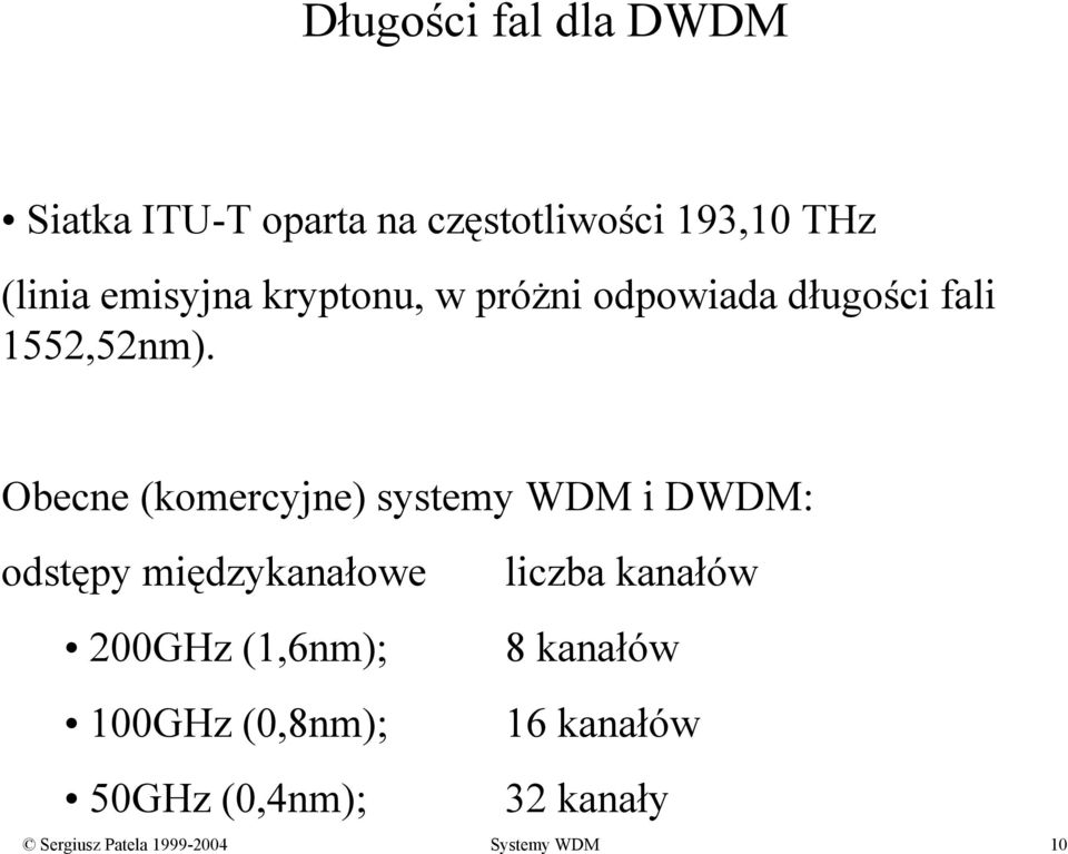 Obecne (komercyjne) systemy WDM i DWDM: odstępy międzykanałowe liczba kanałów 200GHz