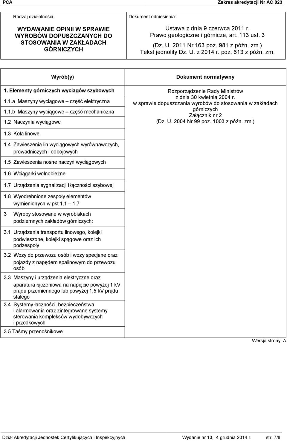 Elementy górniczych wyciągów szybowych Rozporządzenie Rady Ministrów 1.1.a Maszyny wyciągowe część elektryczna z dnia 30 kwietnia 2004 r. w sprawie dopuszczania wyrobów do stosowania w zakładach 1.1.b Maszyny wyciągowe część mechaniczna górniczych Załącznik nr 2 1.