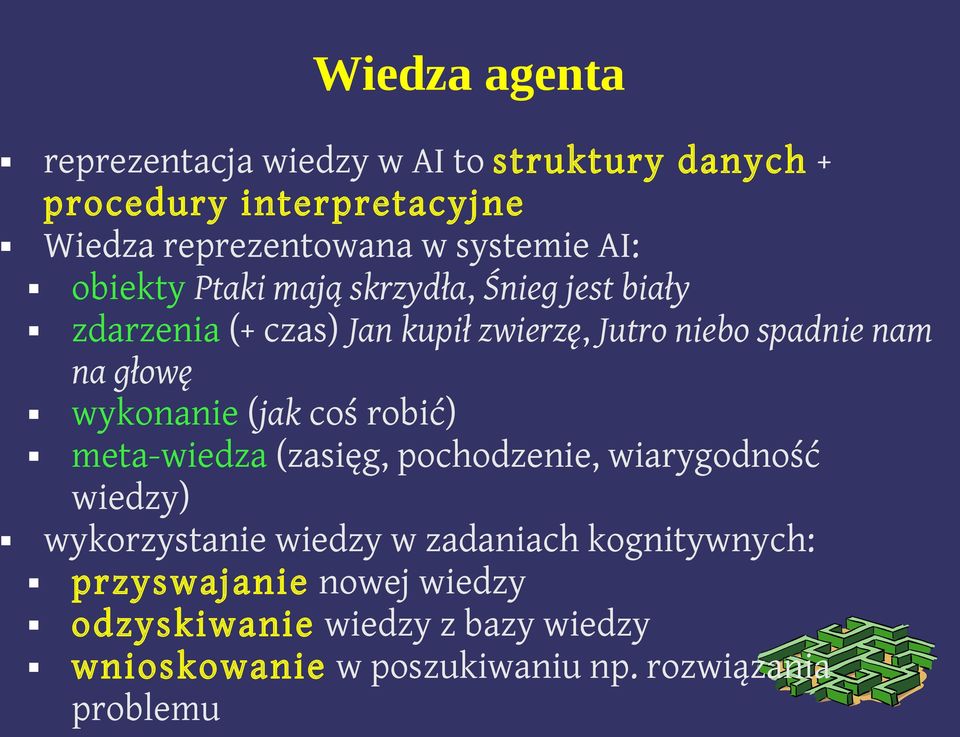 wykonanie (jak coś robić) meta-wiedza (zasięg, pochodzenie, wiarygodność wiedzy) wykorzystanie wiedzy w zadaniach