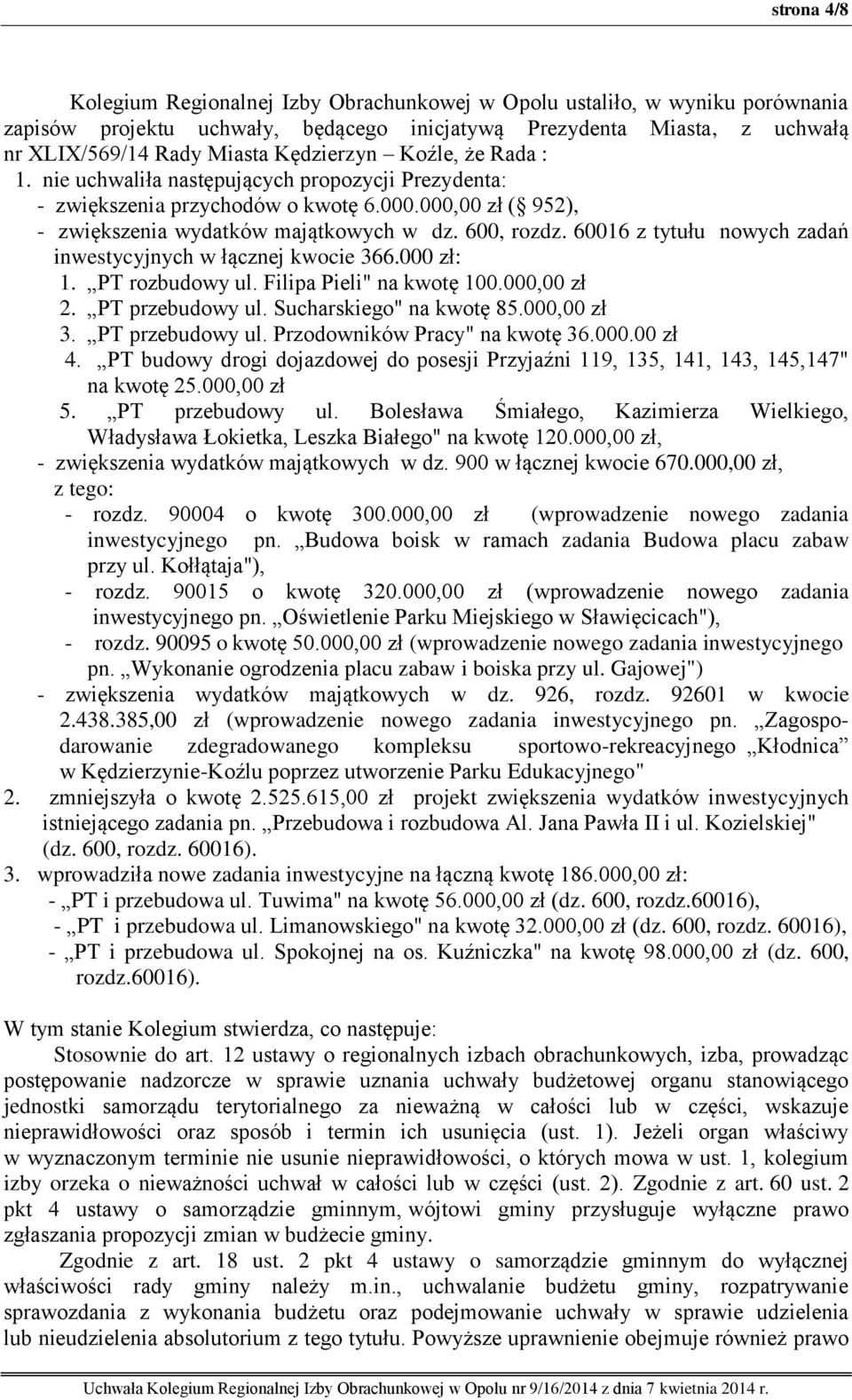 60016 z tytułu nowych zadań inwestycyjnych w łącznej kwocie 366.000 zł: 1. PT rozbudowy ul. Filipa Pieli" na kwotę 100.000,00 zł 2. PT przebudowy ul. Sucharskiego" na kwotę 85.000,00 zł 3.