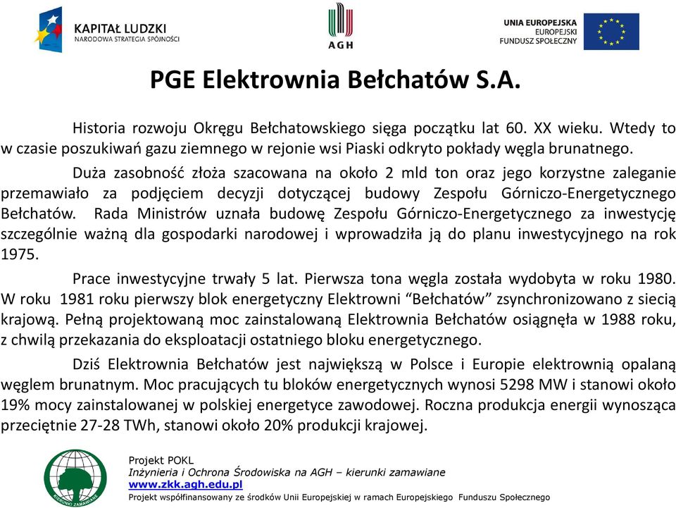 Duża zasobność złoża szacowana na około 2 mld ton oraz jego korzystne zaleganie przemawiało za podjęciem decyzji dotyczącej budowy Zespołu Górniczo-Energetycznego Bełchatów.