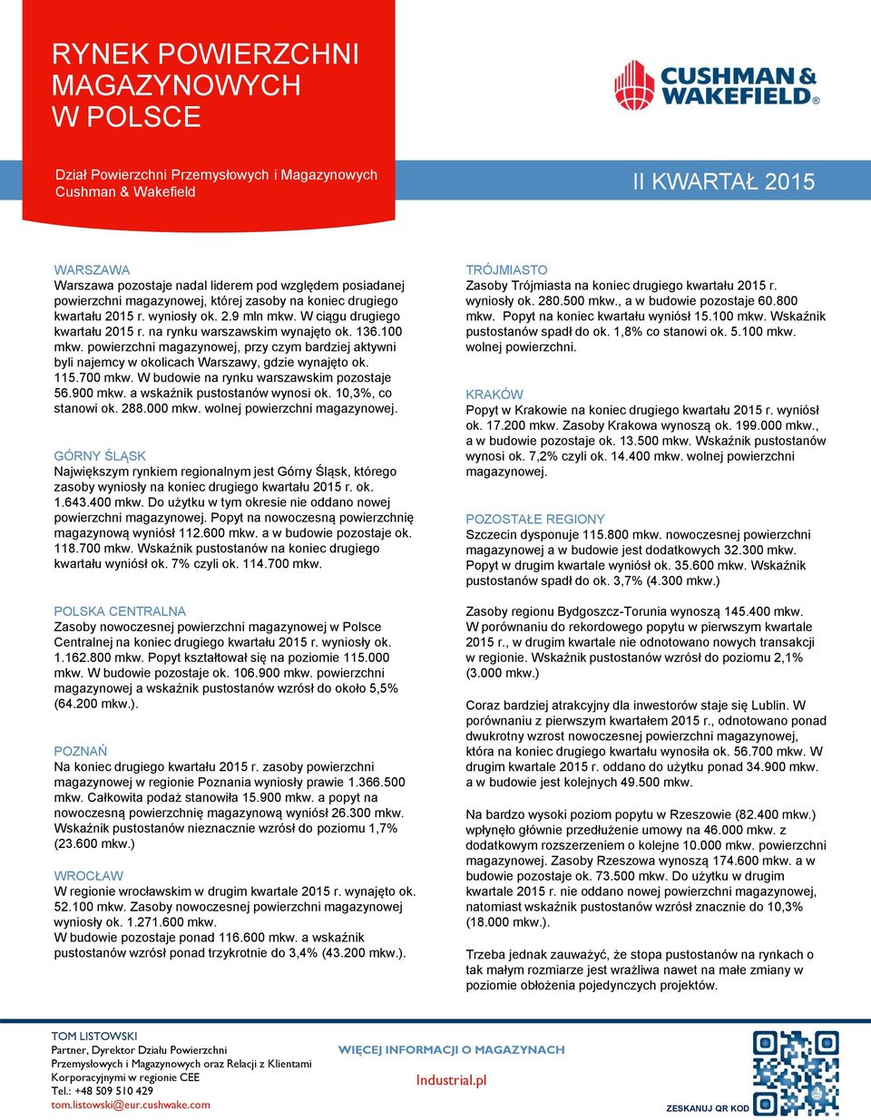 W budowie na rynku warszawskim pozostaje 56.9 mkw. a wskaźnik pustostanów wynosi ok. 1,3%, co stanowi ok. 288. mkw. wolnej powierzchni magazynowej.