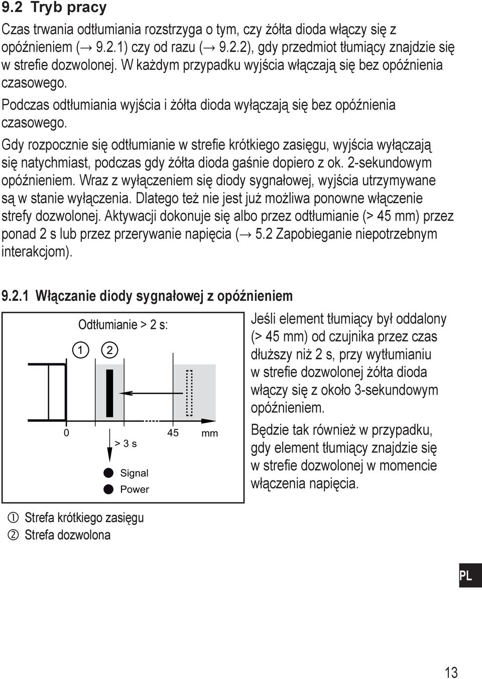 Gdy rozpocznie się odtłumianie w strefie krótkiego zasięgu, wyjścia wyłączają się natychmiast, podczas gdy żółta dioda gaśnie dopiero z ok. 2-sekundowym opóźnieniem.