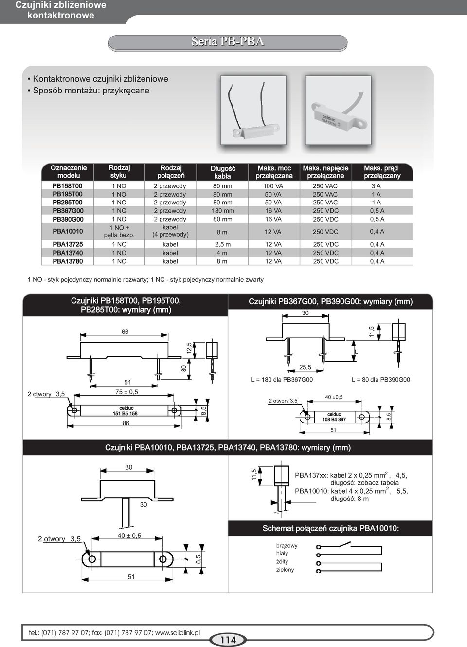 pr¹d prze³¹czany PB158T00 1 NO 2 przewody 80 mm 100 VA 250 VAC 3 A PB195T00 1NO 2 przewody 80 mm 50 VA 250 VAC 1A PB285T00 1 NC 2 przewody 80 mm 50 VA 250 VAC 1 A PB367G00 1 NC 2 przewody 180 mm 16