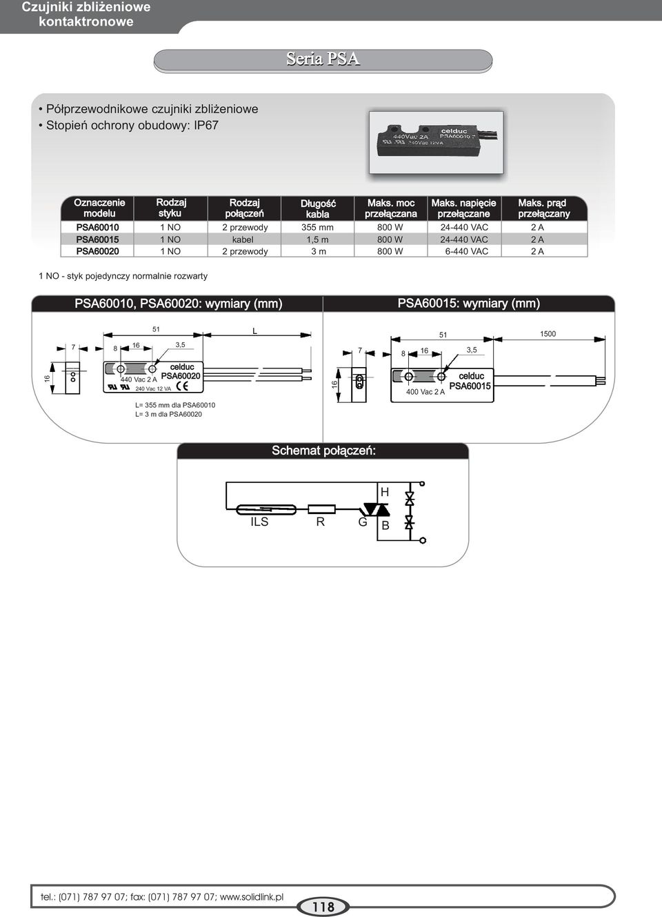pr¹d prze³¹czany PSA60010 1 NO 2 przewody 355 mm 800 W 24-440 VAC 2 A PSA60015 1 NO kabel 1,5 m 800 W 24-440 VAC 2 A PSA60020 1 NO 2 przewody 3 m 800 W 6-440 VAC 2