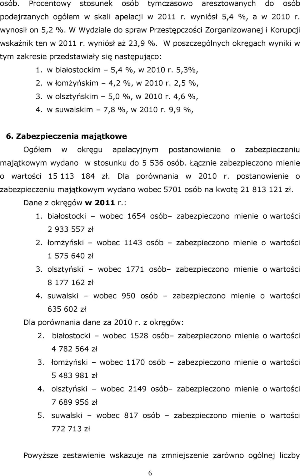 w białostockim 5,4 %, w 2010 r. 5,3%, 2. w łomżyńskim 4,2 %, w 2010 r. 2,5 %, 3. w olsztyńskim 5,0 %, w 2010 r. 4,6 %, 4. w suwalskim 7,8 %, w 2010 r. 9,9 %, 6.