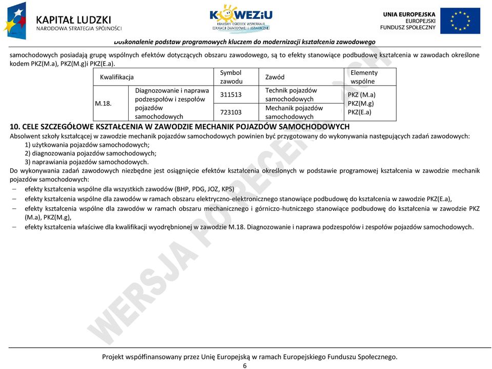 Diagnozowanie i naprawa podzespołów i zespołów pojazdów samochodowych 311513 723103 Technik pojazdów samochodowych Mechanik pojazdów samochodowych KZ (M.a) KZ(M.g) KZ(E.a) 10.