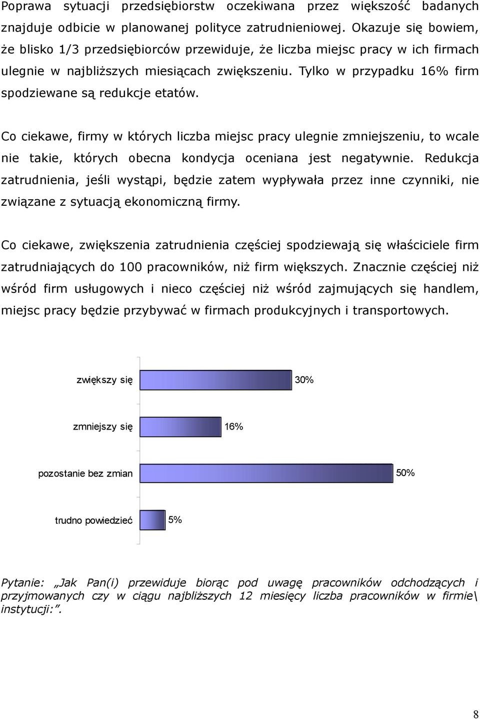Tylko w przypadku 16% firm spodziewane są redukcje etatów. Co ciekawe, firmy w których liczba miejsc pracy ulegnie zmniejszeniu, to wcale nie takie, których obecna kondycja oceniana jest negatywnie.