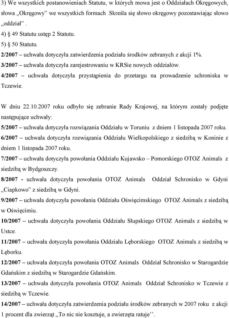 4/2007 uchwała dotyczyła przystąpienia do przetargu na prowadzenie schroniska w Tczewie. W dniu 22.10.