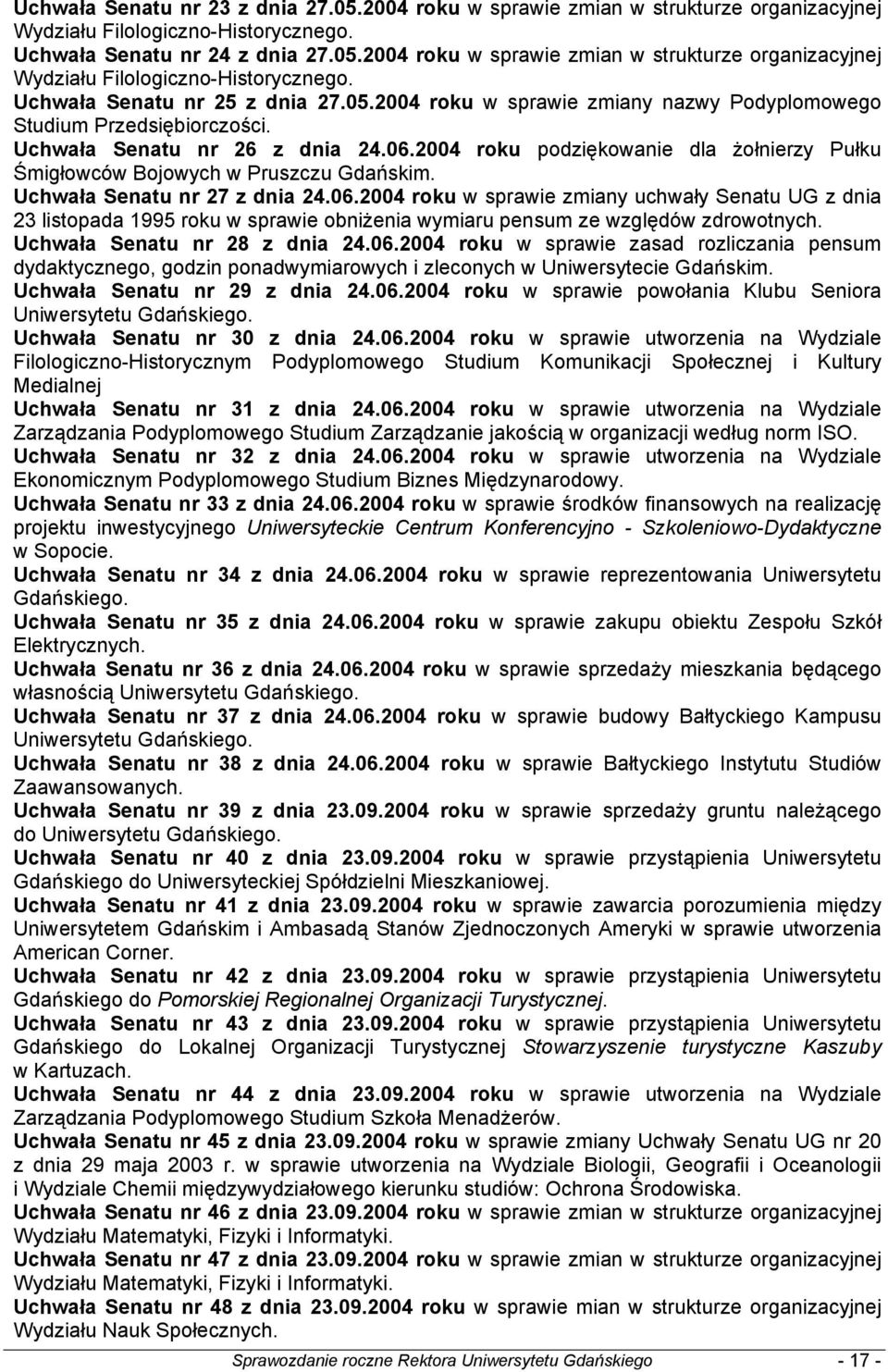 Uchwała Senatu nr 27 z dnia 24.06.2004 roku w sprawie zmiany uchwały Senatu UG z dnia 23 listopada 1995 roku w sprawie obniżenia wymiaru pensum ze względów zdrowotnych. Uchwała Senatu nr 28 z dnia 24.