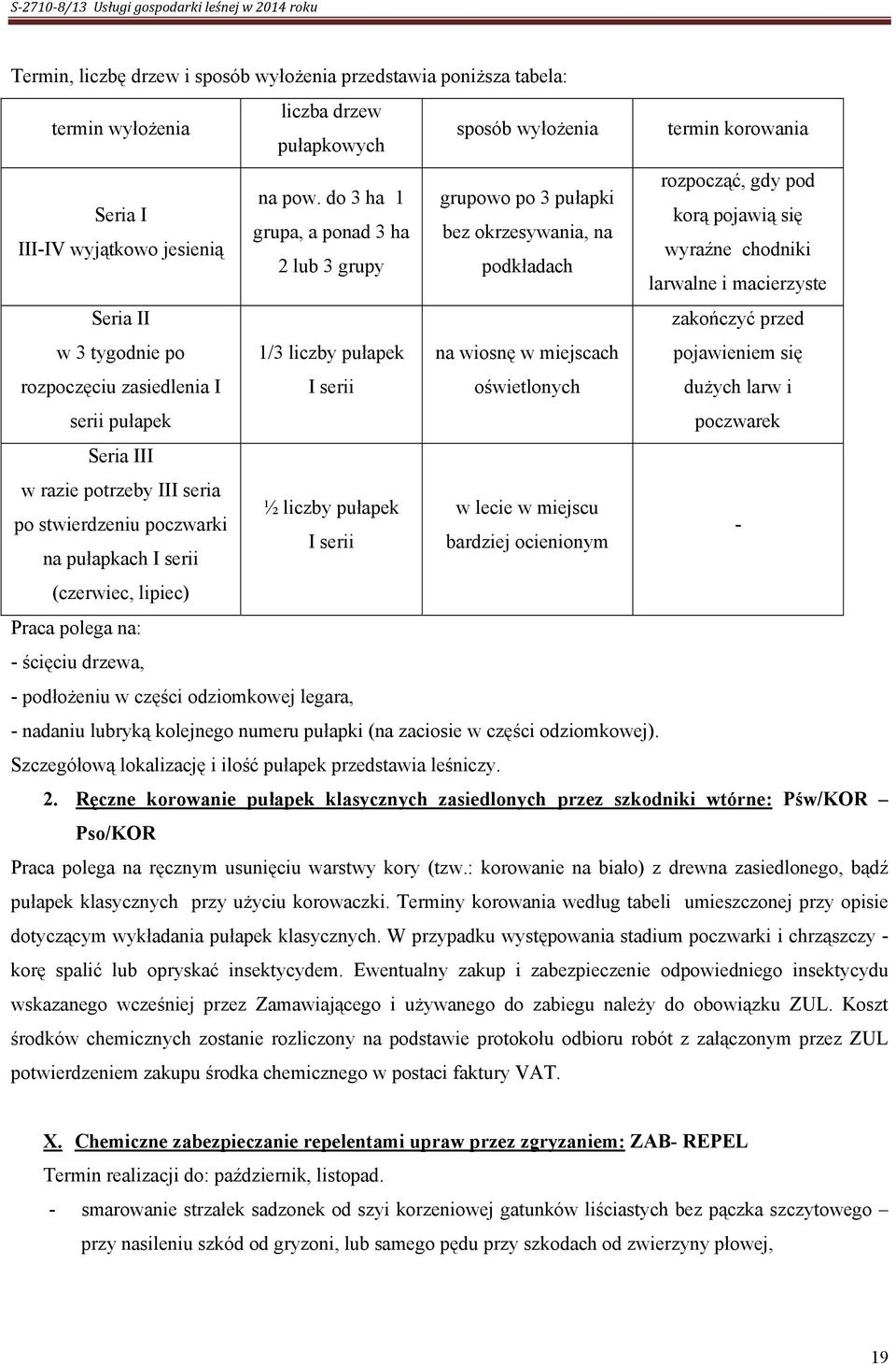 zakończyć przed w 3 tygodnie po 1/3 liczby pułapek na wiosnę w miejscach pojawieniem się rozpoczęciu zasiedlenia I I serii oświetlonych dużych larw i serii pułapek poczwarek Seria III w razie