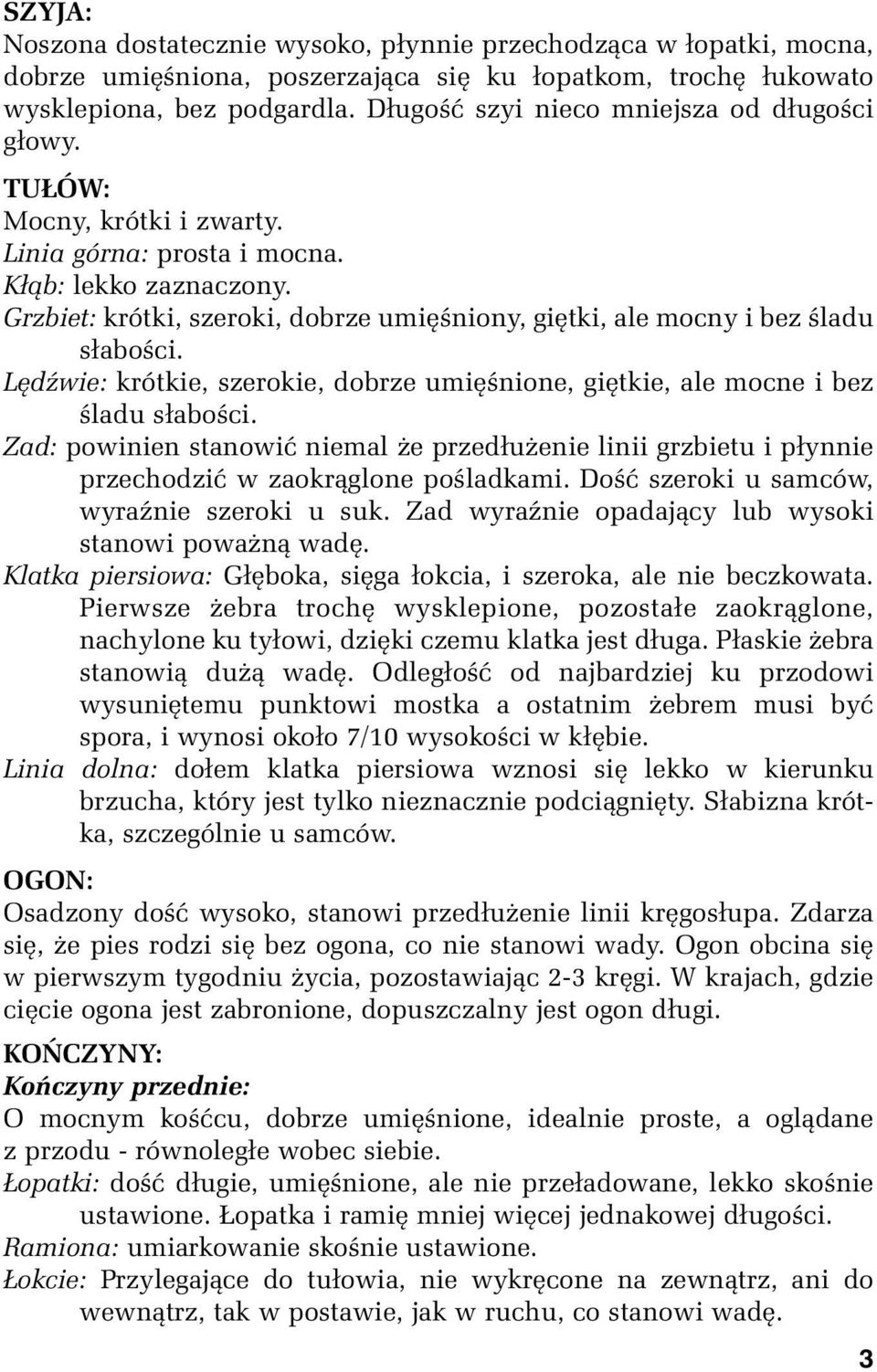 Grzbiet: krótki, szeroki, dobrze umięśniony, giętki, ale mocny i bez śladu słabości. Lędźwie: krótkie, szerokie, dobrze umięśnione, giętkie, ale mocne i bez śladu słabości.