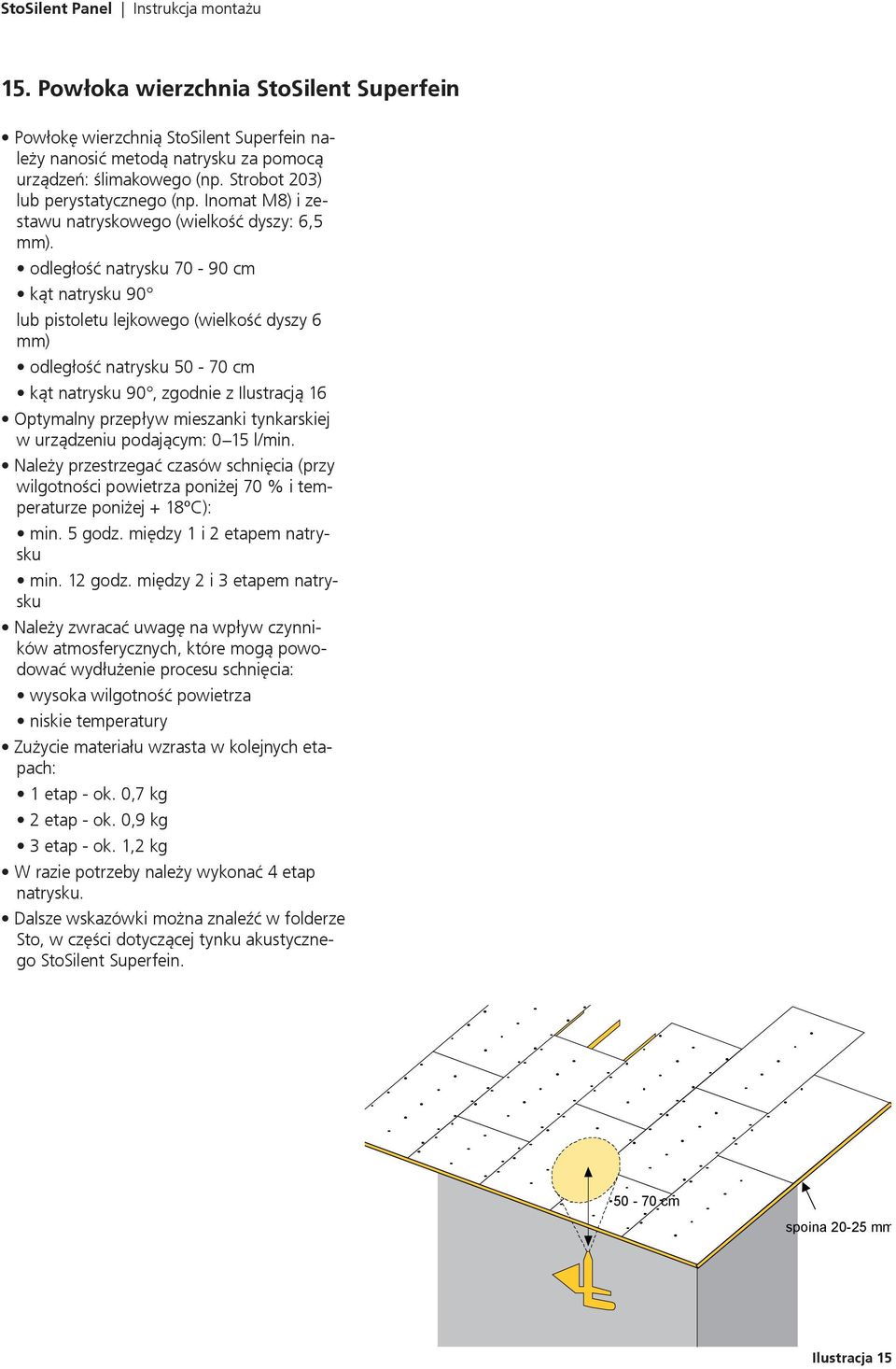 odległość natrysku 70-90 cm kąt natrysku 90 lub pistoletu lejkowego (wielkość dyszy 6 mm) odległość natrysku 50-70 cm kąt natrysku 90, zgodnie z Ilustracją 16 Optymalny przepływ mieszanki tynkarskiej