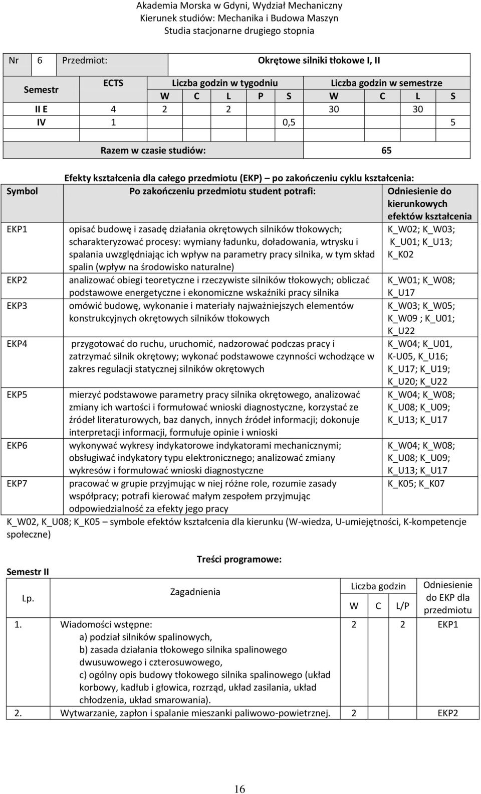 budowę i zasadę działania okrętowych silników tłokowych; scharakteryzować procesy: wymiany ładunku, doładowania, wtrysku i spalania uwzględniając ich wpływ na parametry pracy silnika, w tym skład