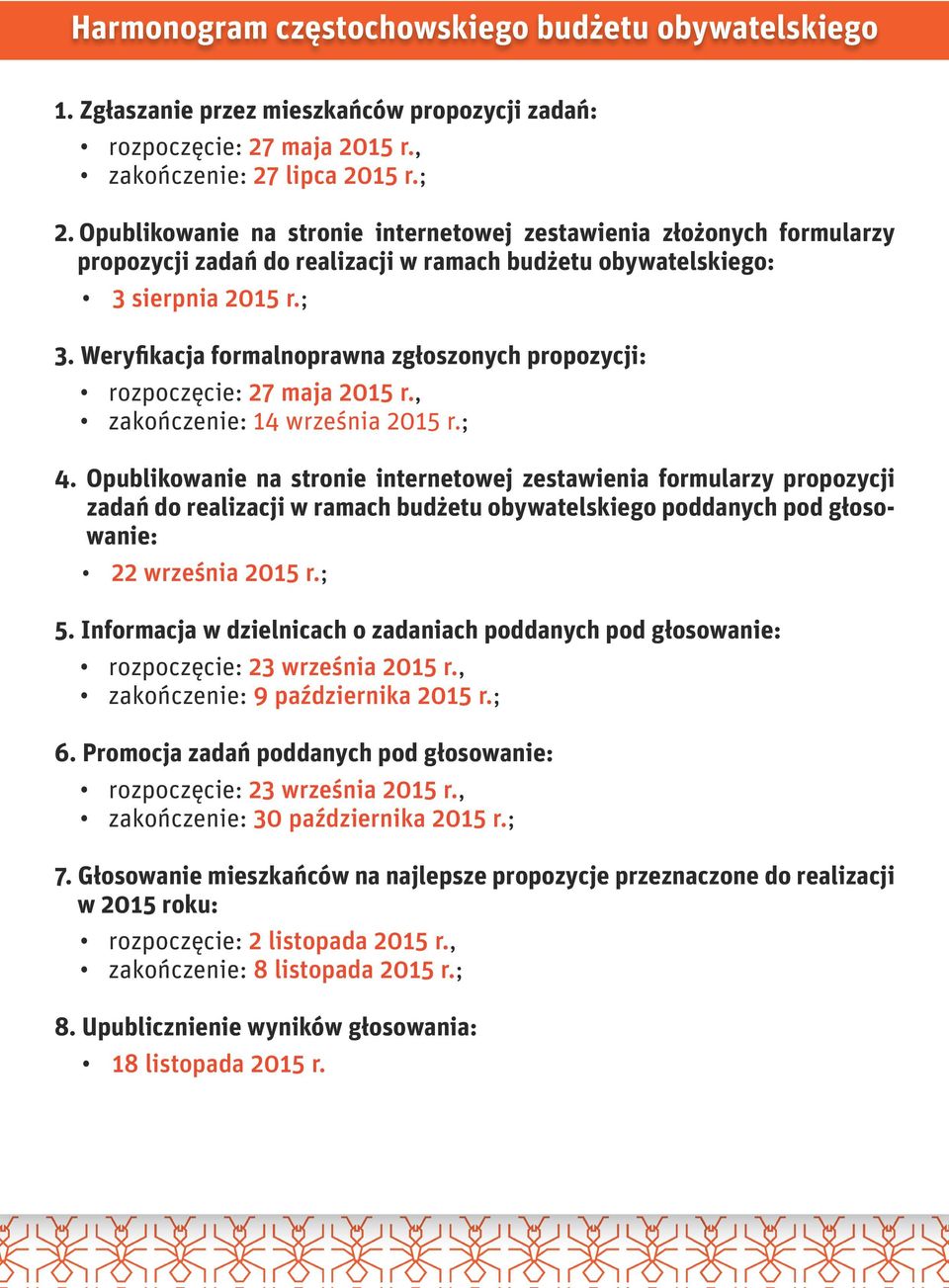 Weryfikacja formalnoprawna zgłoszonych propozycji: rozpoczęcie: 27 maja 2015 r., zakończenie: 14 września 2015 r.; 4.