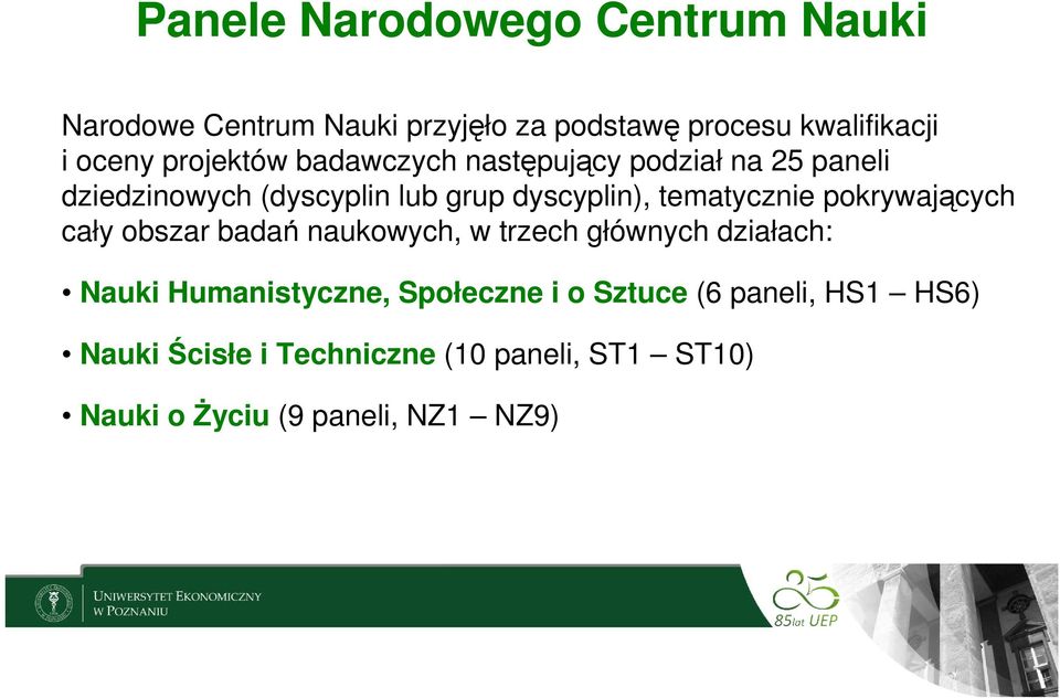 tematycznie pokrywających cały obszar badań naukowych, w trzech głównych działach: Nauki Humanistyczne,