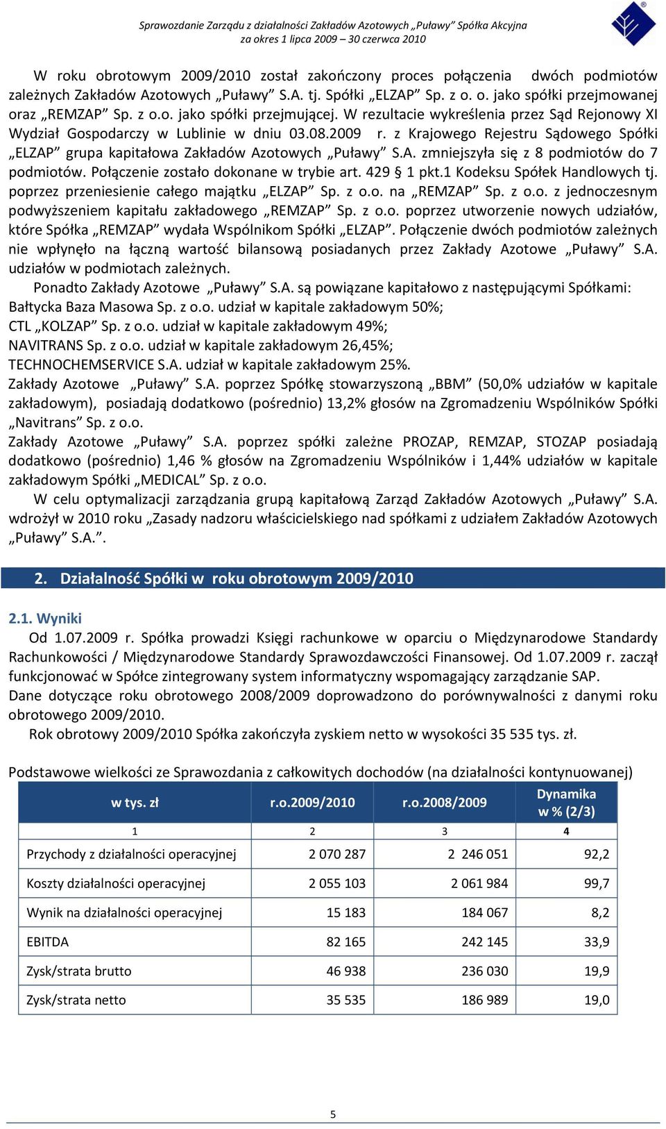 Połączenie zostało dokonane w trybie art. 429 1 pkt.1 Kodeksu Spółek Handlowych tj. poprzez przeniesienie całego majątku ELZAP Sp. z o.o. na REMZAP Sp. z o.o. z jednoczesnym podwyższeniem kapitału zakładowego REMZAP Sp.