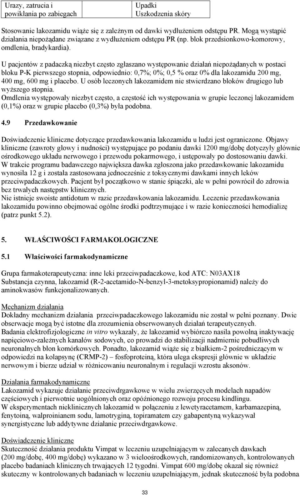 U pacjentów z padaczką niezbyt często zgłaszano występowanie działań niepożądanych w postaci bloku P-K pierwszego stopnia, odpowiednio: 0,7%; 0%; 0,5 % oraz 0% dla lakozamidu 200 mg, 400 mg, 600 mg i