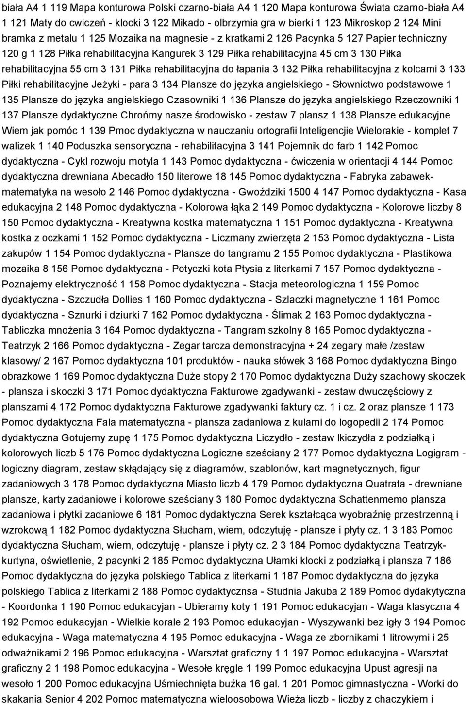 131 Piłka rehabilitacyjna do łapania 3 132 Piłka rehabilitacyjna z kolcami 3 133 Piłki rehabilitacyjne Jeżyki - para 3 134 Plansze do języka angielskiego - Słownictwo podstawowe 1 135 Plansze do