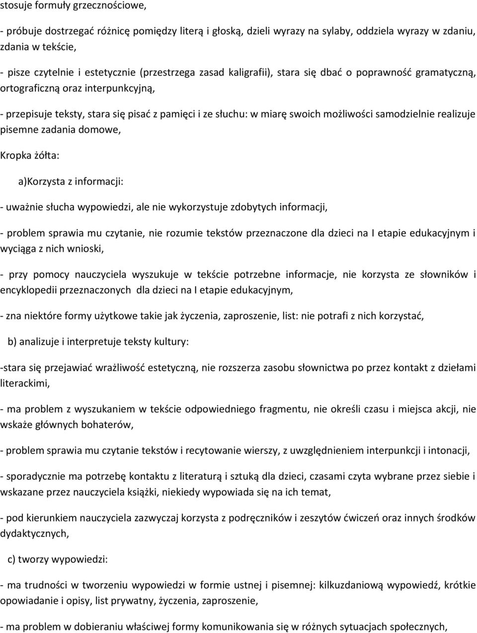 samodzielnie realizuje pisemne zadania domowe, Kropka żółta: a)korzysta z informacji: - uważnie słucha wypowiedzi, ale nie wykorzystuje zdobytych informacji, - problem sprawia mu czytanie, nie