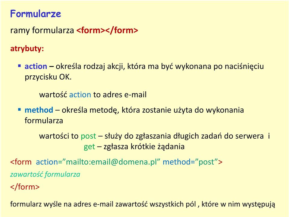 wartość action to adres e-mail method określa metodę, która zostanie użyta do wykonania formularza wartości to post