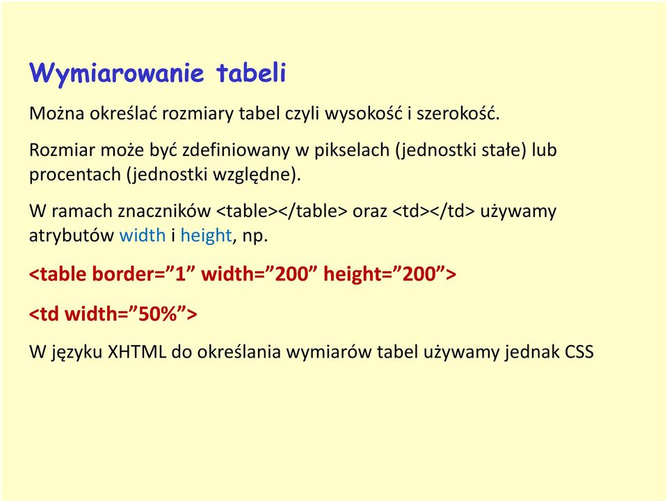 W ramach znaczników <table></table> oraz <td></td> używamy atrybutów widthi height, np.