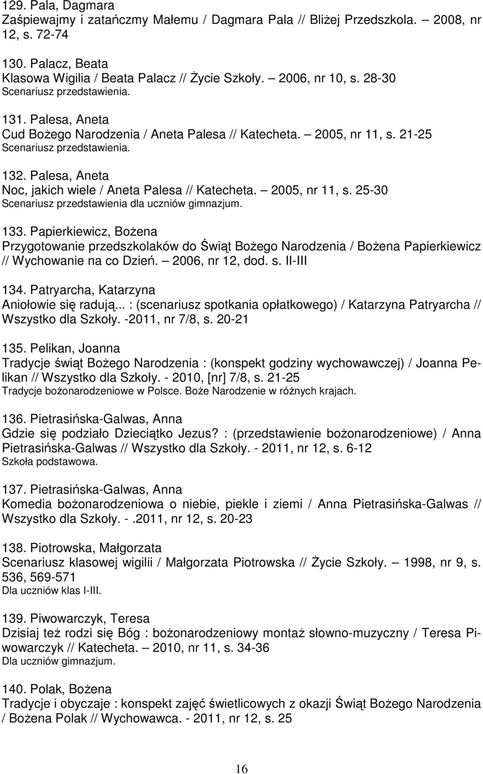 Palesa, Aneta Noc, jakich wiele / Aneta Palesa // Katecheta. 2005, nr 11, s. 25-30 Scenariusz przedstawienia dla uczniów gimnazjum. 133.